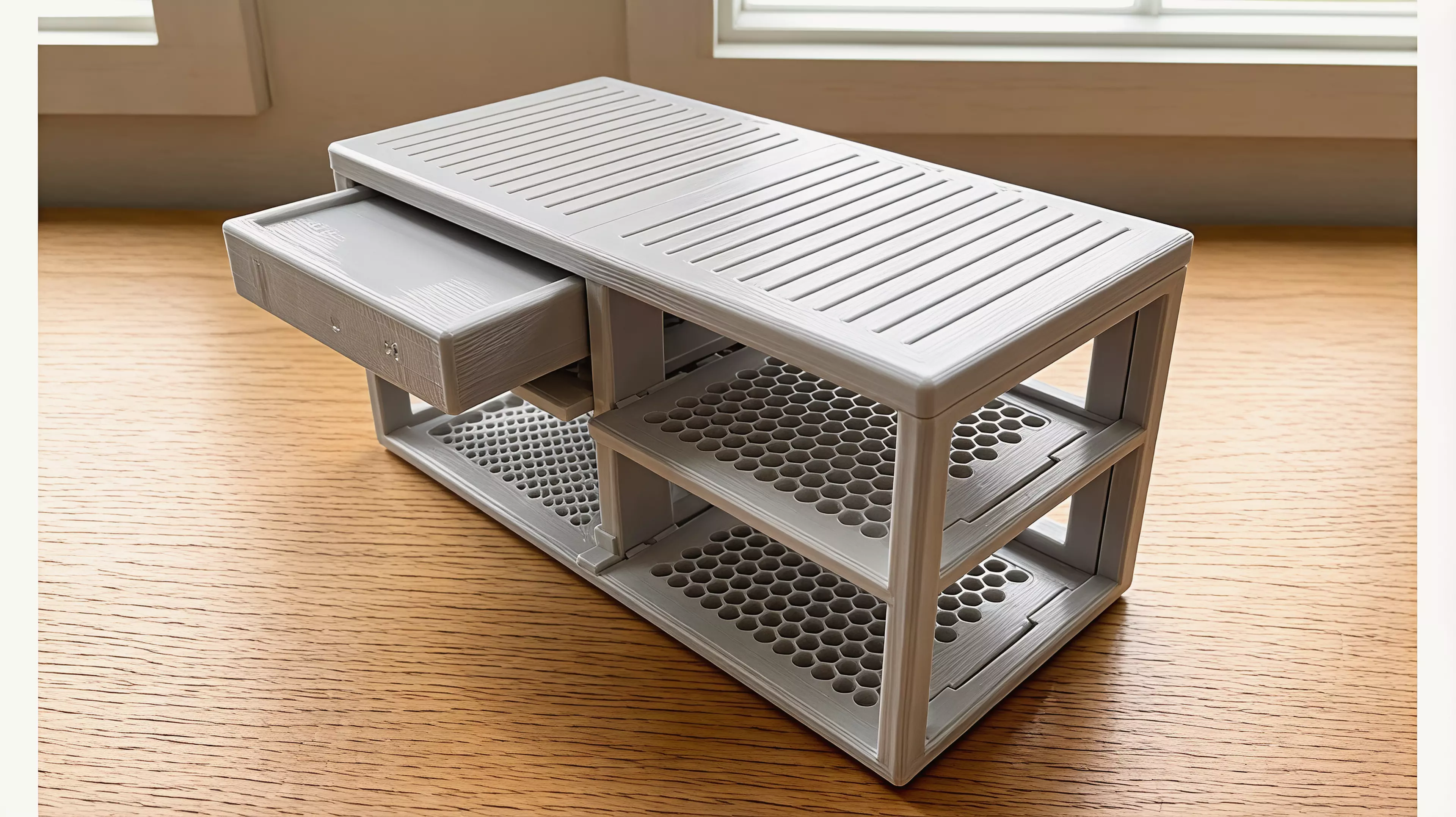 A 9-part FDM-printable 2x2 stacked stand for four 150x150x50.5 mm DGX Spark nodes: a full-height base/spine frame with dual vertical posts, four cantilevered vented shelf trays (fastened with M4 SHCS into heat-set inserts), and four TPU anti-vibration feet — matte tool-grey body with hazard-amber…