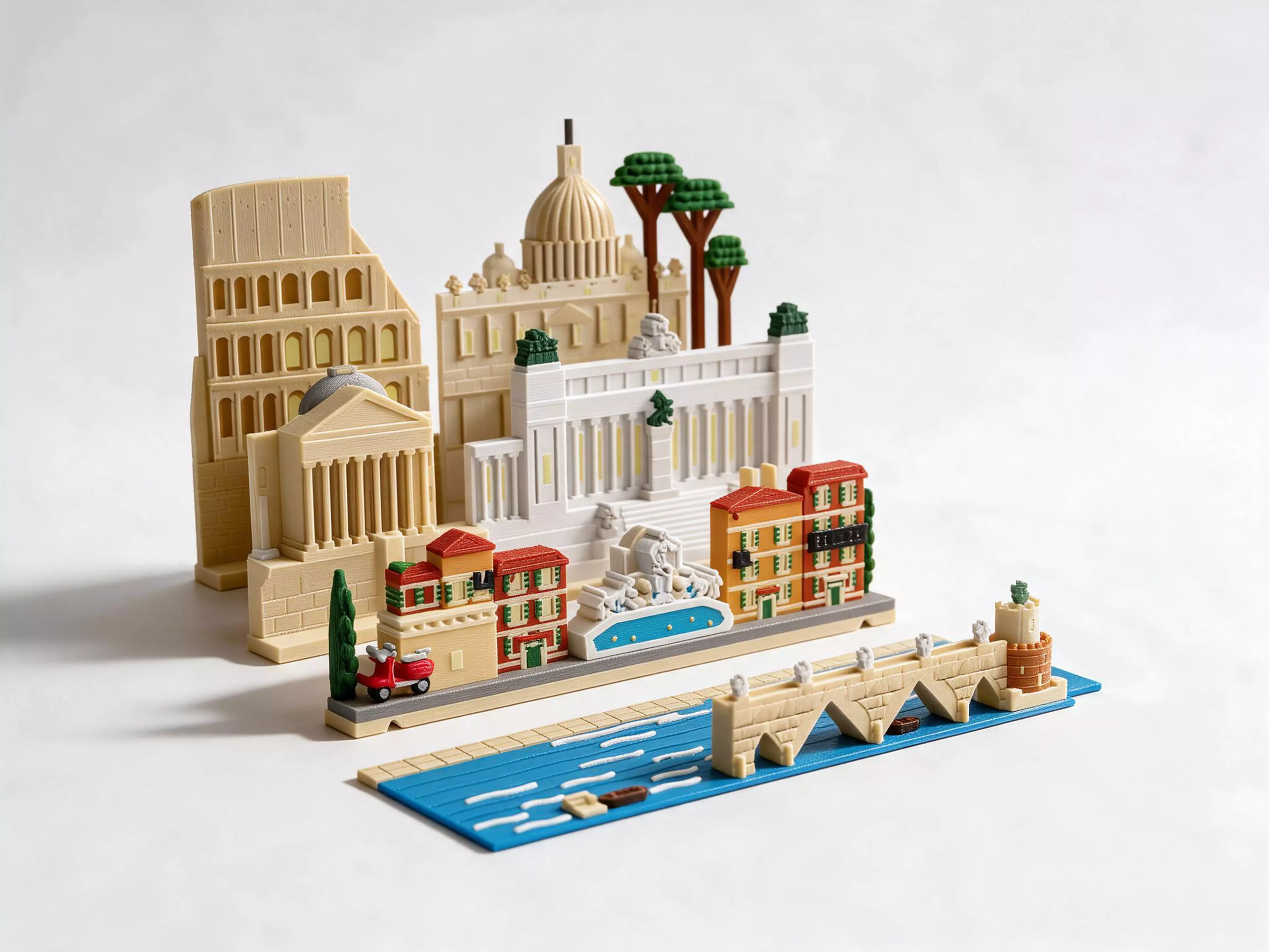 A Rome set for the Moonlit Atlas pop-up book: three rows of miniature buildings and a Tiber river plate that click onto the book's row frames with magnets. In this set: the Colosseum with its broken side and lit arches, the dome of St Peter's with its statues, three umbrella pines, the Pantheon with its portico and obelisk fountain, the white Vittoriano, the Trevi Fountain with Oceanus and his sea-horses and coins in the basin, ochre and terracotta houses with green shutters, two cypresses, a red Vespa, and the Tiber with Ponte Sant'Angelo and its angels leading to Castel Sant'Angelo. Windows and stars glow in the dark, with no batteries. It needs the Moonlit Atlas book, which is sold separately, and it swaps with any other city set in seconds.