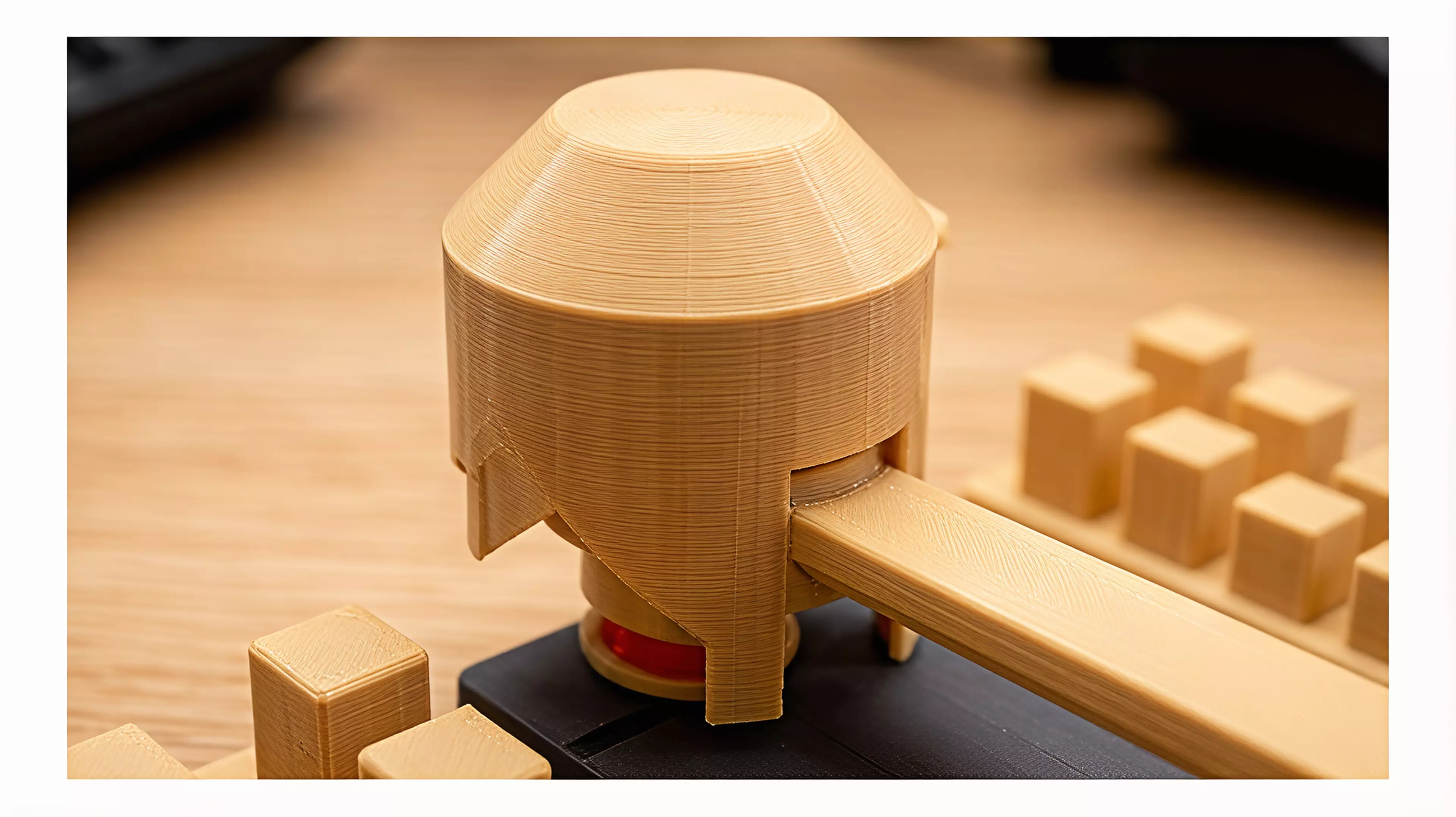 A limbo bar for solid objects. Every round, the player in last place turns a hooded knob in secret, dropping a loose bar by 1, 2, or 3 mm, and then everyone commits a block from their own stock at the same instant, blind. Cups lift together; the tallest block that slides through without touching the bar wins the round and joins your score line, and a block that touches is gone for good. Nothing is marked and nothing is written down mid-round, the bar itself is the only judge. 2-4 players, 20 min, ages 14+. The complete rules ship with the files as RULES.md. By Bob.