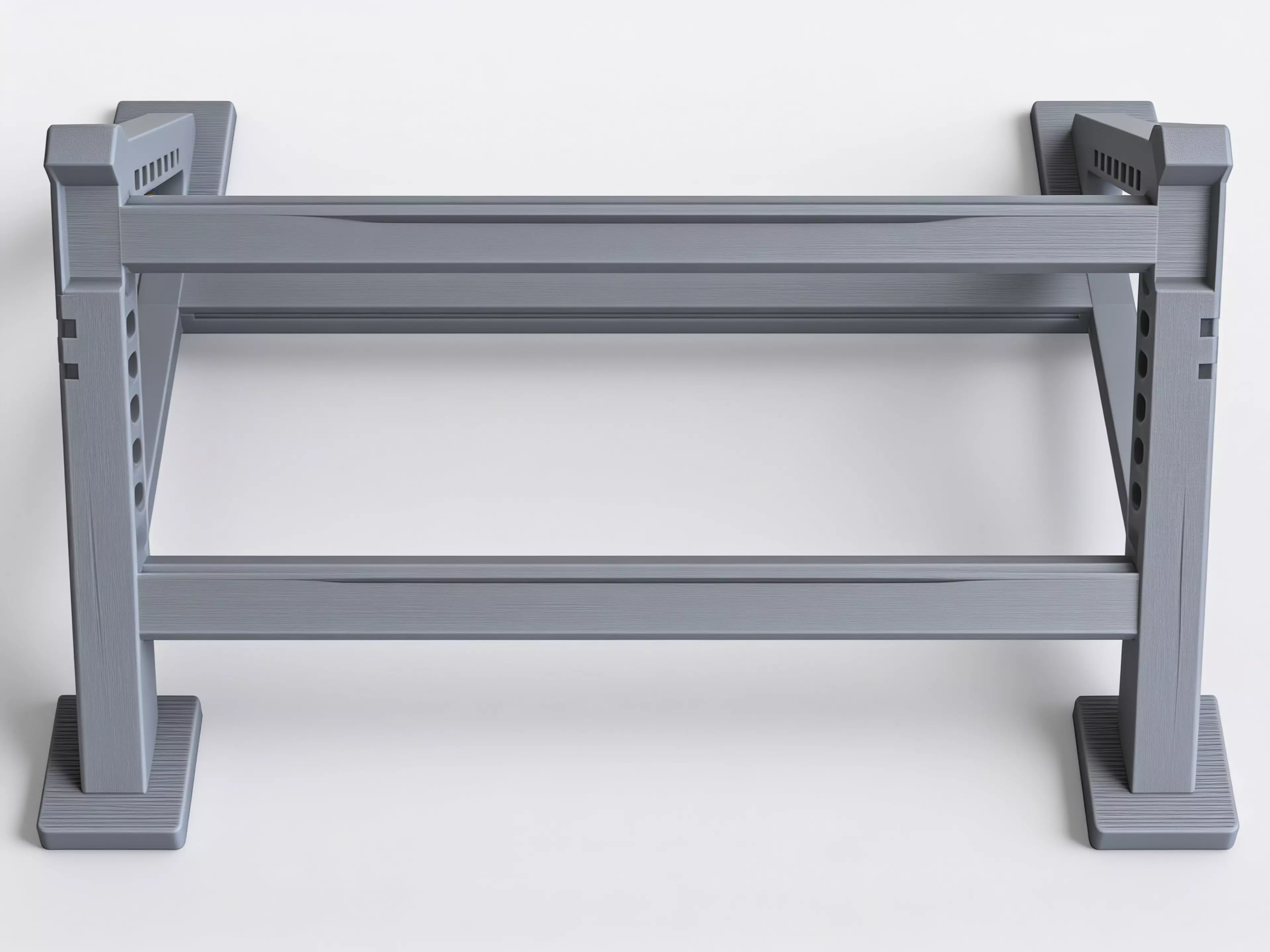 A sculpted Z-profile laptop stand designed around a 13" MacBook, tilted 22° for comfortable typing with a low-profile anti-slip ridge that catches the laptop's front edge. Two mirrored Z-legs — solid where they carry load, hex-relieved where they don't — are braced into a rigid box frame by four I-beam crossbars that press-fit straight into the legs. No screws, no heat-set inserts, no glue: just push the crossbars in and it locks together by friction alone.