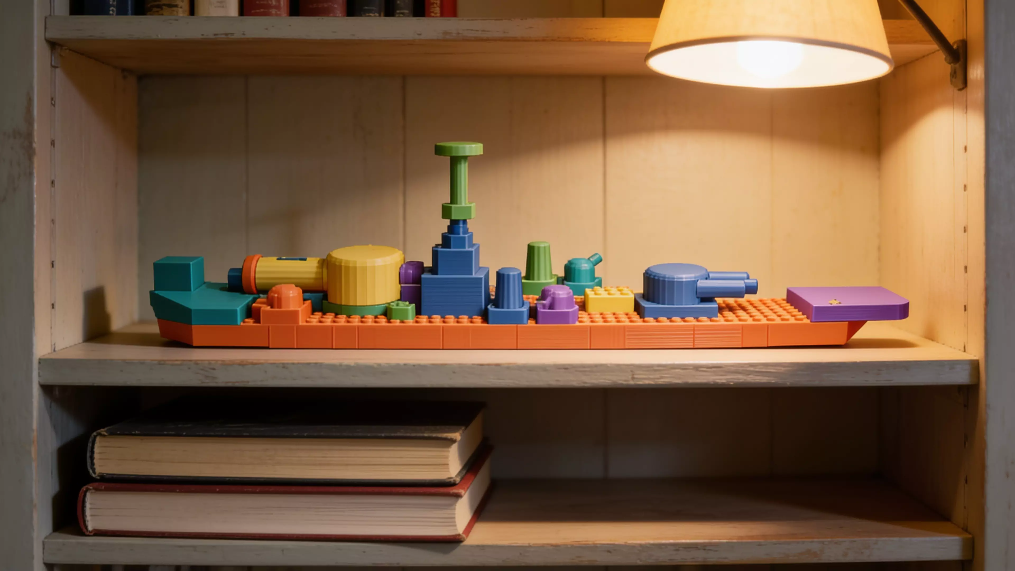 A WWII-dreadnought-styled construction toy: an 8 mm-pitch stud-and-tube brick system (deck plate, bow, stern, bridge tower, generic bricks, smokestacks, secondary turrets) plus a free-rotating main turret with a spring-less push-launcher, assembling into a 240 mm desktop battleship.