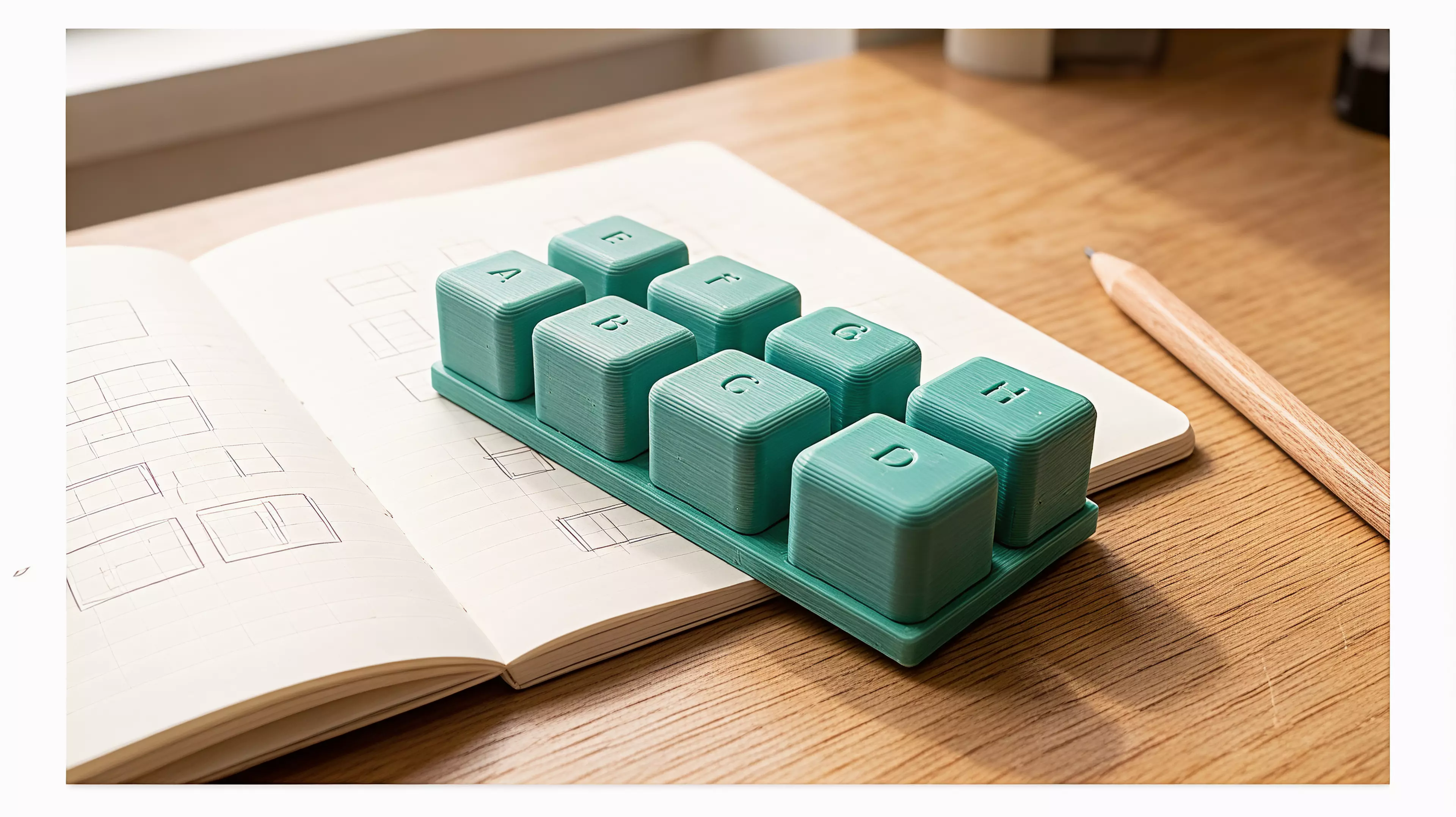 A single printed edge-alphabet proof plate: eight soft, pebble-like blocks (A–H) in a 4×2 array on one base, each block presenting one mating profile on its front (+Y) face and its raised identifying letter on top.