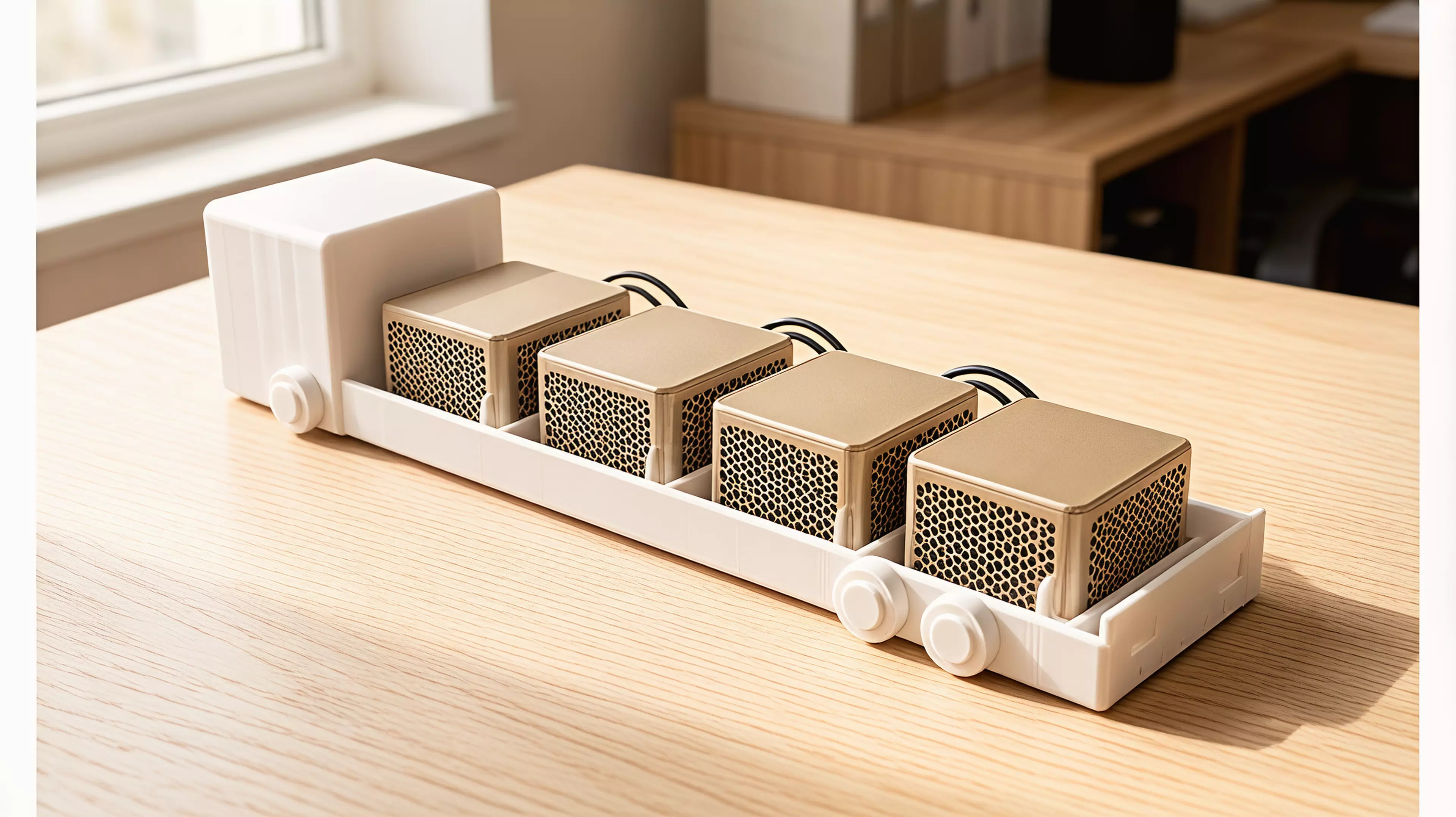 A pastel "future truck" desk shelf that carries 4 real DGX Spark units (150 × 150 × 50.5 mm) lying flat in a long row along the truck bed — built as a modular train of identical cargo bays between a cute pixel-face cab and a styled tail, on decorative six-wheel running gear.