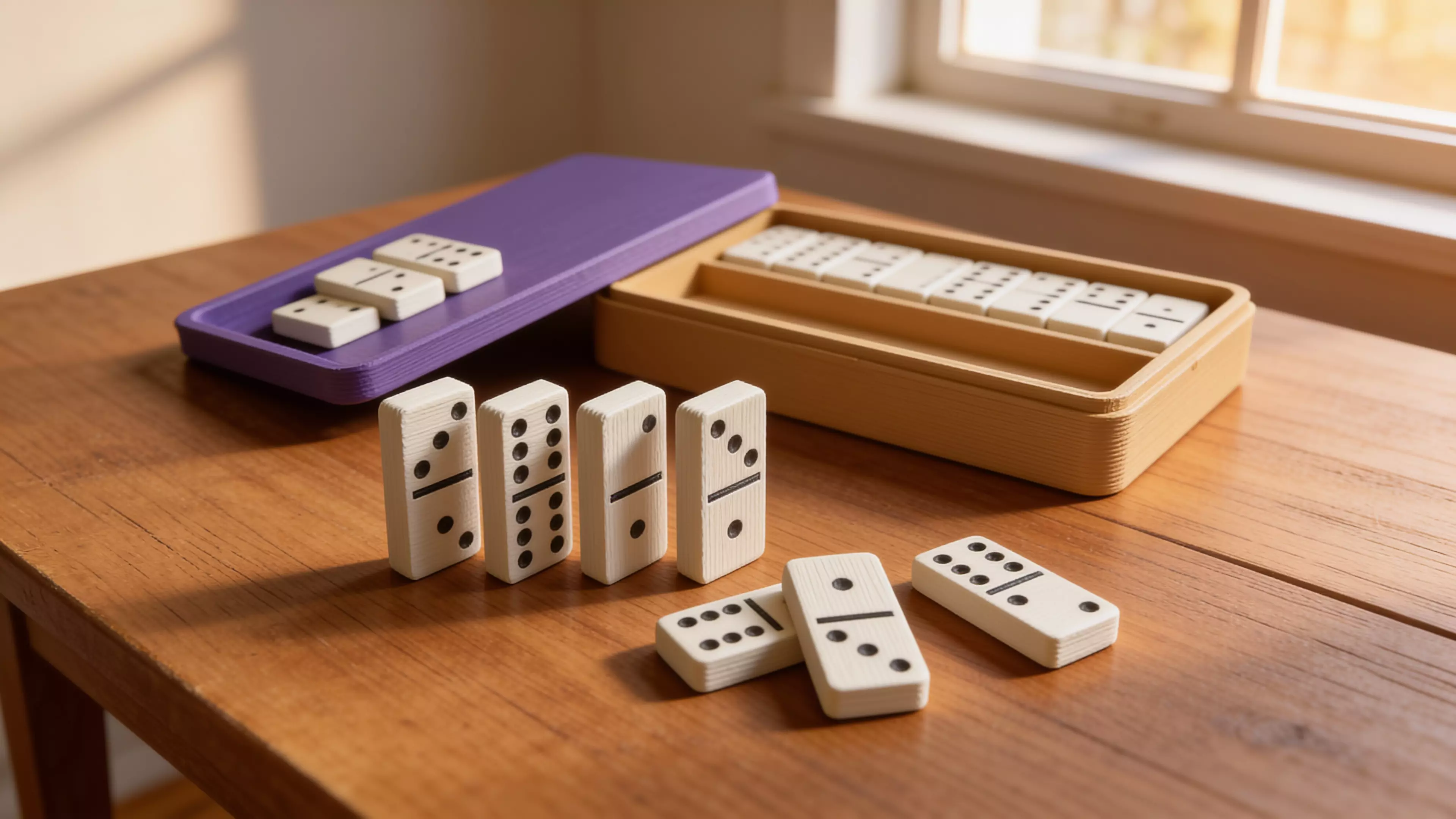 A complete Double-6 domino set — 28 tiles (48 x 24 x 8 mm) with raised embossed pips — stored in a fitted two-row tray with a slip-fit lid.