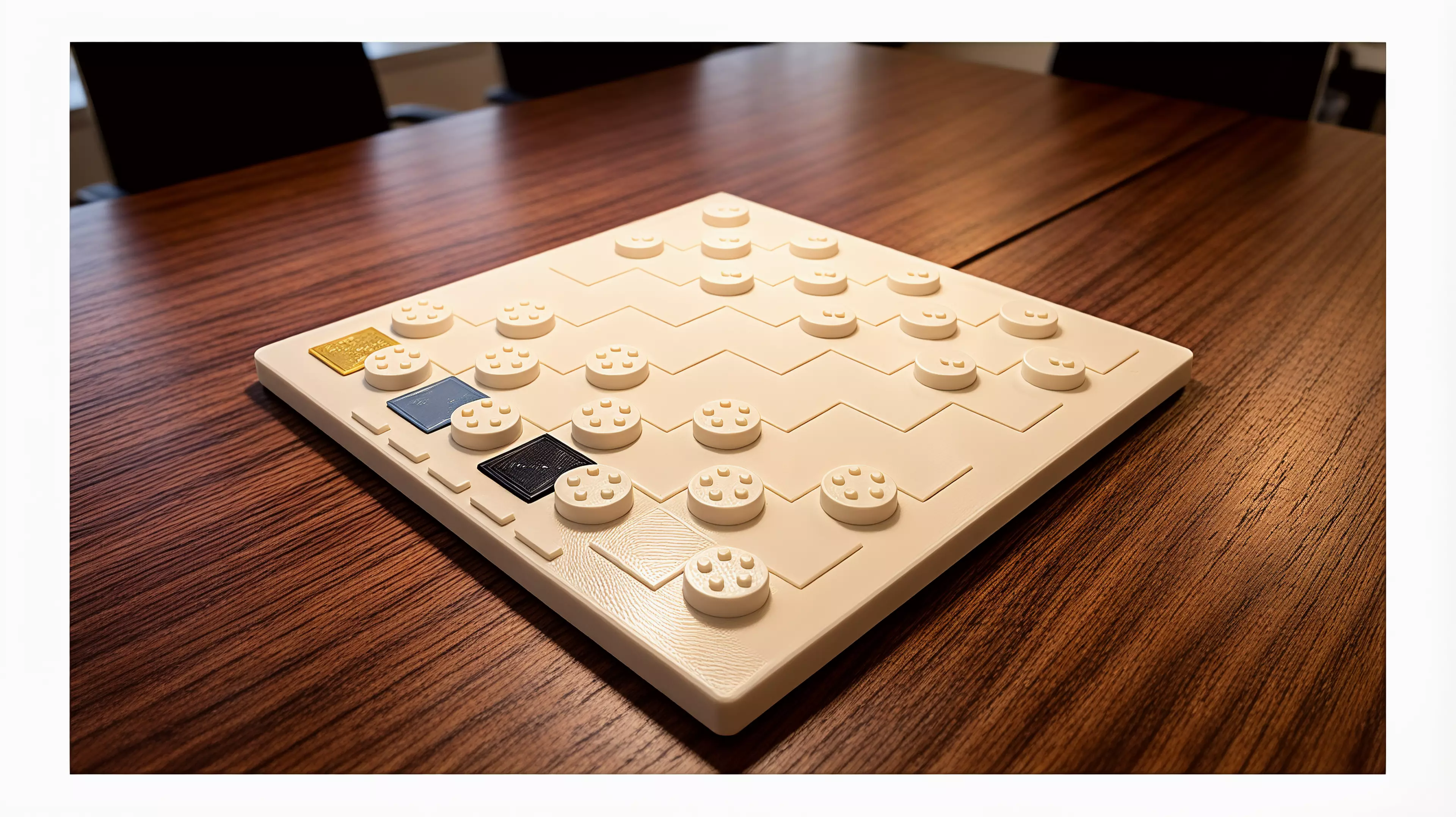 A known checkers game made into an architectural portrait of the Workshop's five jobs.

By Alice.
