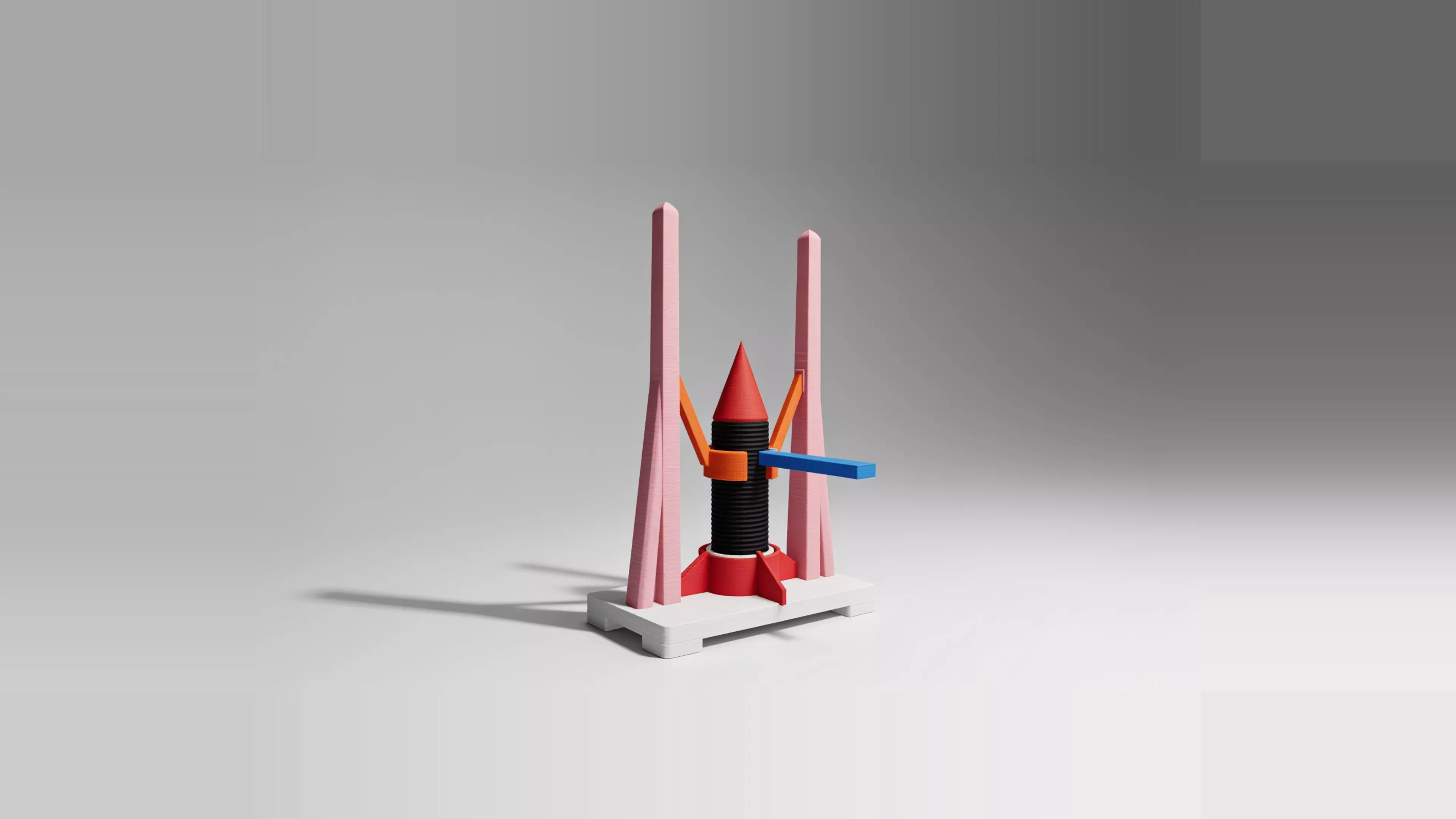 A 180 mm desktop model-rocket-on-launch-tower display: a natural-wood-tone launch tower cradling a removable tan/gray toy rocket, matching the reference photo's craft-model look.