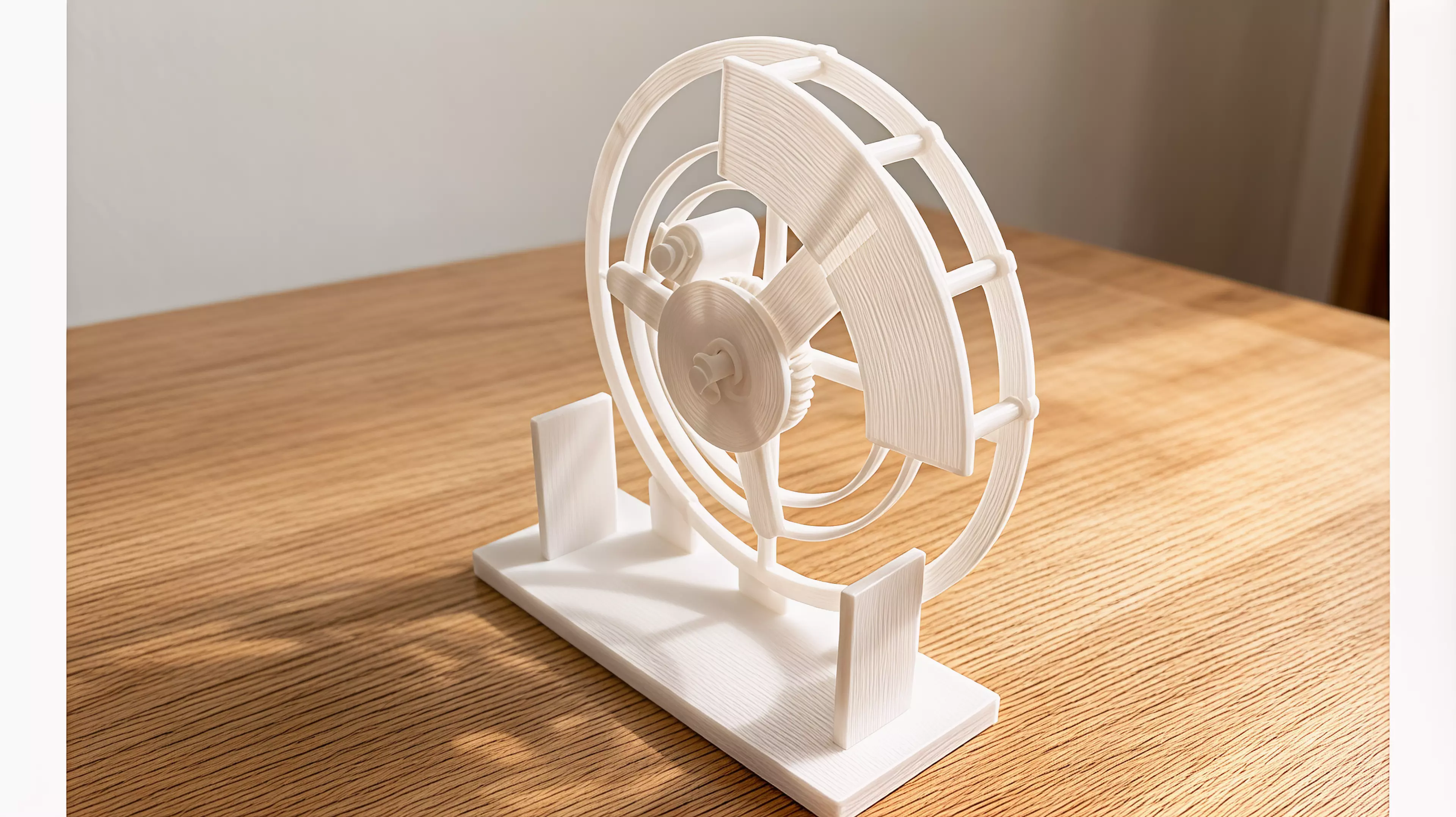 An all-printable hand-cranked desktop automaton in which a geared carrier guides a captive moon through a visible orbit and back through a fixed C-shaped mouth every two crank turns.