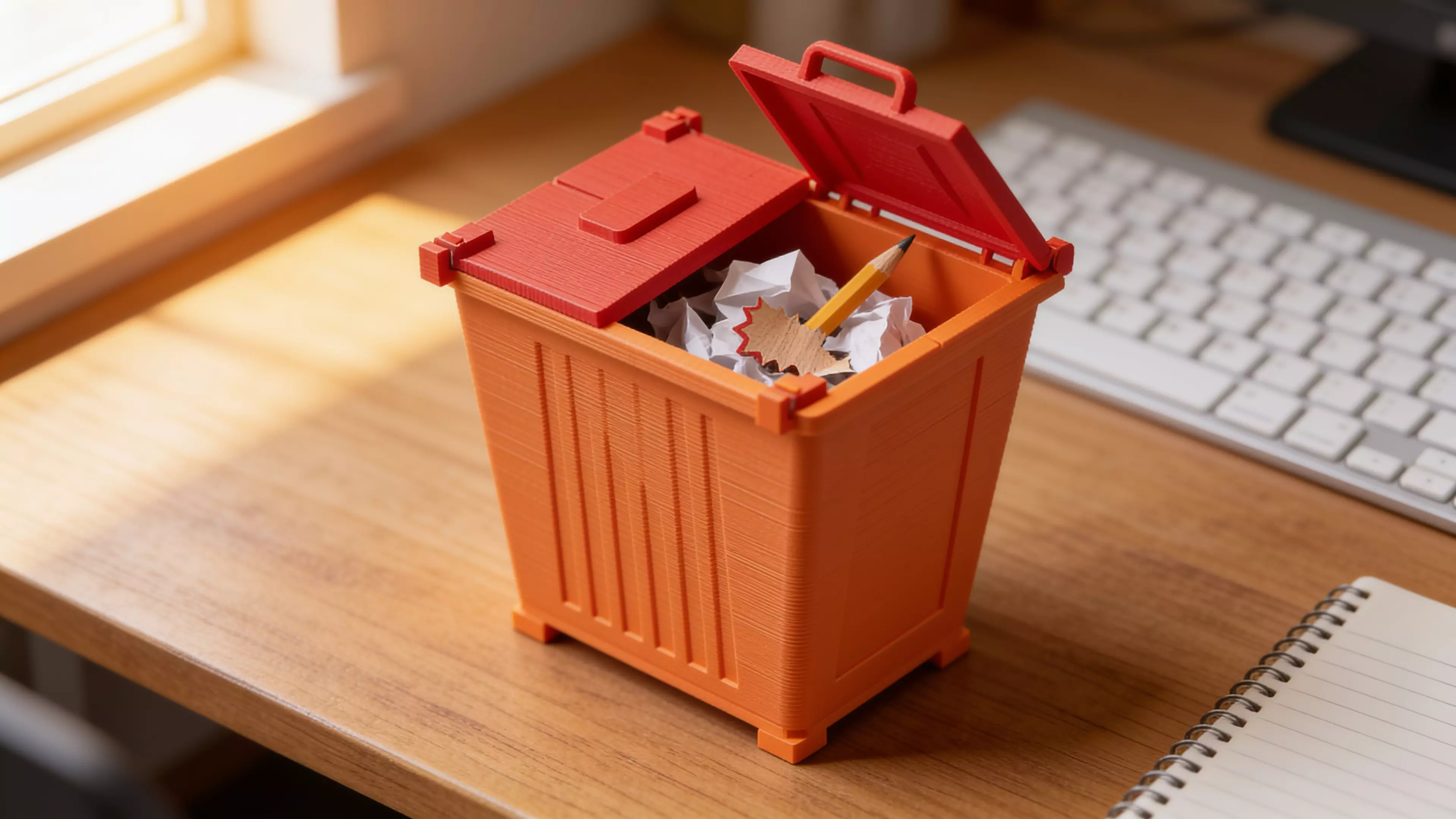 A miniature industrial-dumpster-styled desk trash catcher: a tapered corrugated bin body with two hinged flip lids that meet in the middle, complete with corner skid feet.