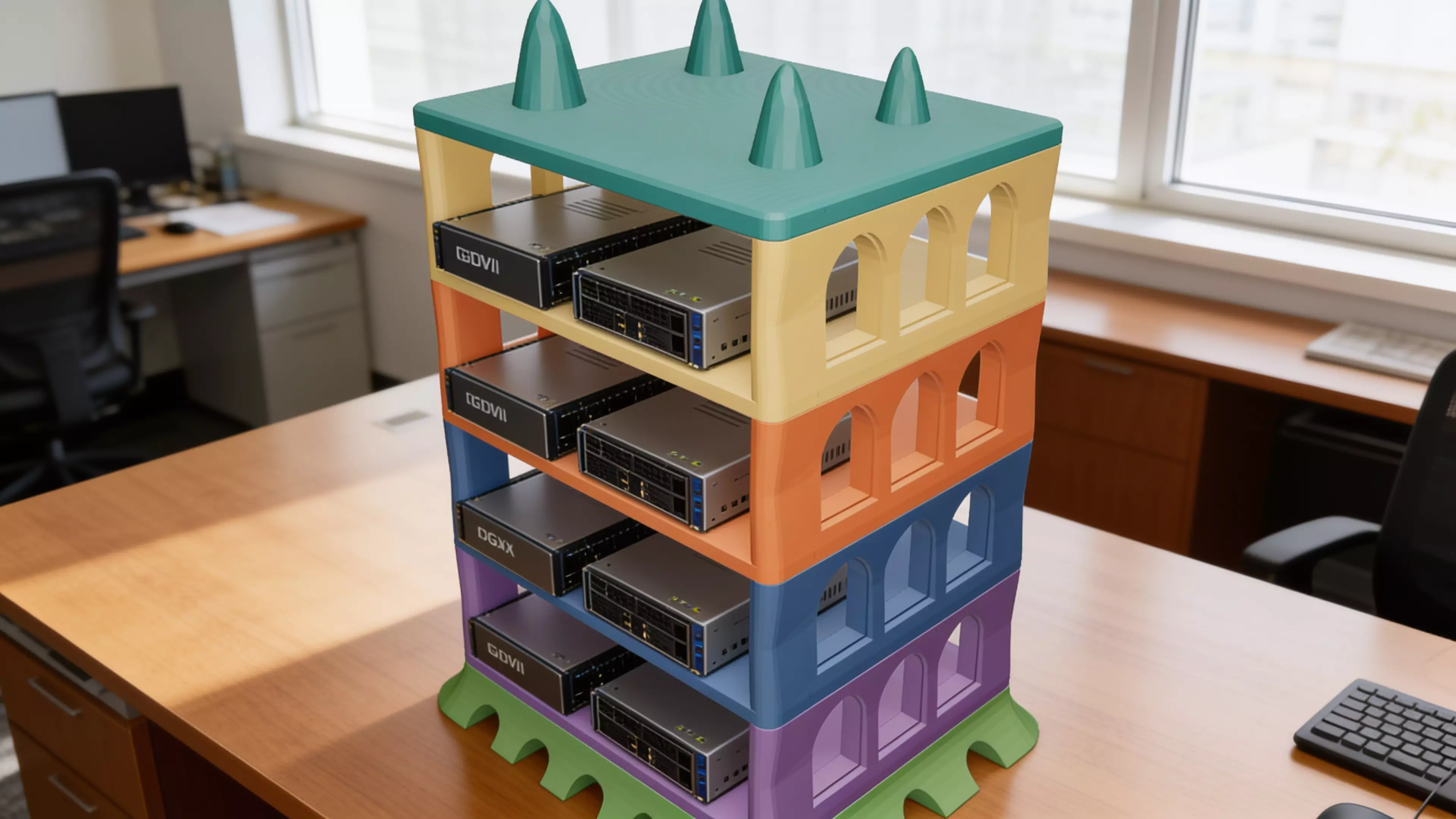 A freestanding 6-piece sculptural tower — splayed organic plinth, four identical catenary-arch bay modules that each cradle one DGX Spark on an open slide-in shelf, and a four-pinnacle parabolic crown — in matte bone-tone PLA, 210 × 170 × 309 mm assembled.