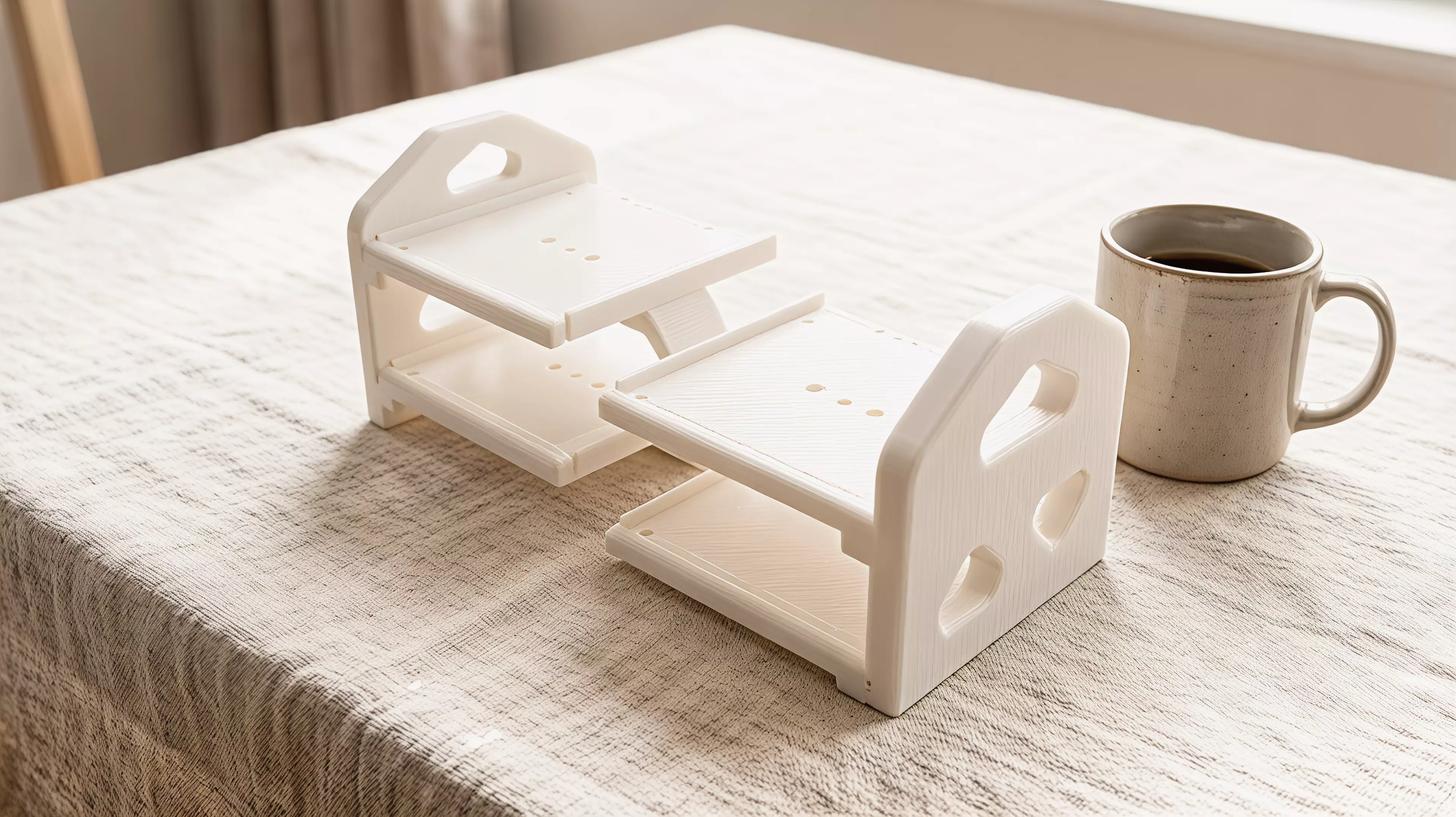 ** a 7-part, screw-together FDM display rack (365 × 160 × 151 mm assembled) holding 4 DGX Spark nodes (150 × 150 × 50.5 mm) in a 2×2 cascade — 35 mm horizontal / 20 mm vertical stagger — fully open front and back, in the chosen soft-wave hi-fi style.