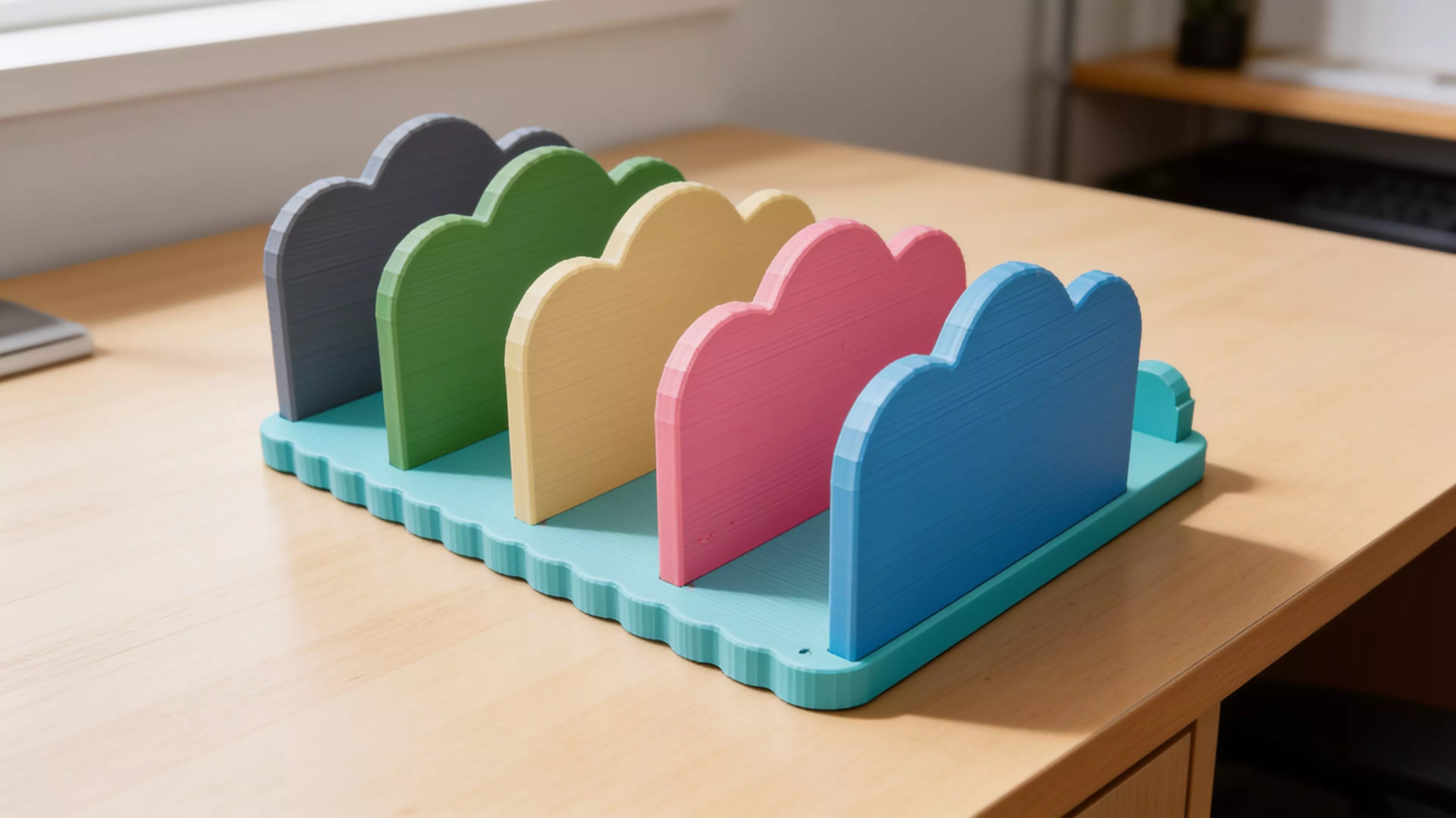 A pastel "cloud" bookshelf rack that holds 4 DGX Spark nodes upright on edge in side-by-side slots, with cloud-silhouette dividers, a scalloped base, and a rear cable-comb rail; 2 unique printed parts (base + 5 identical dividers), assembled overall 246 × 212 × 102 mm.