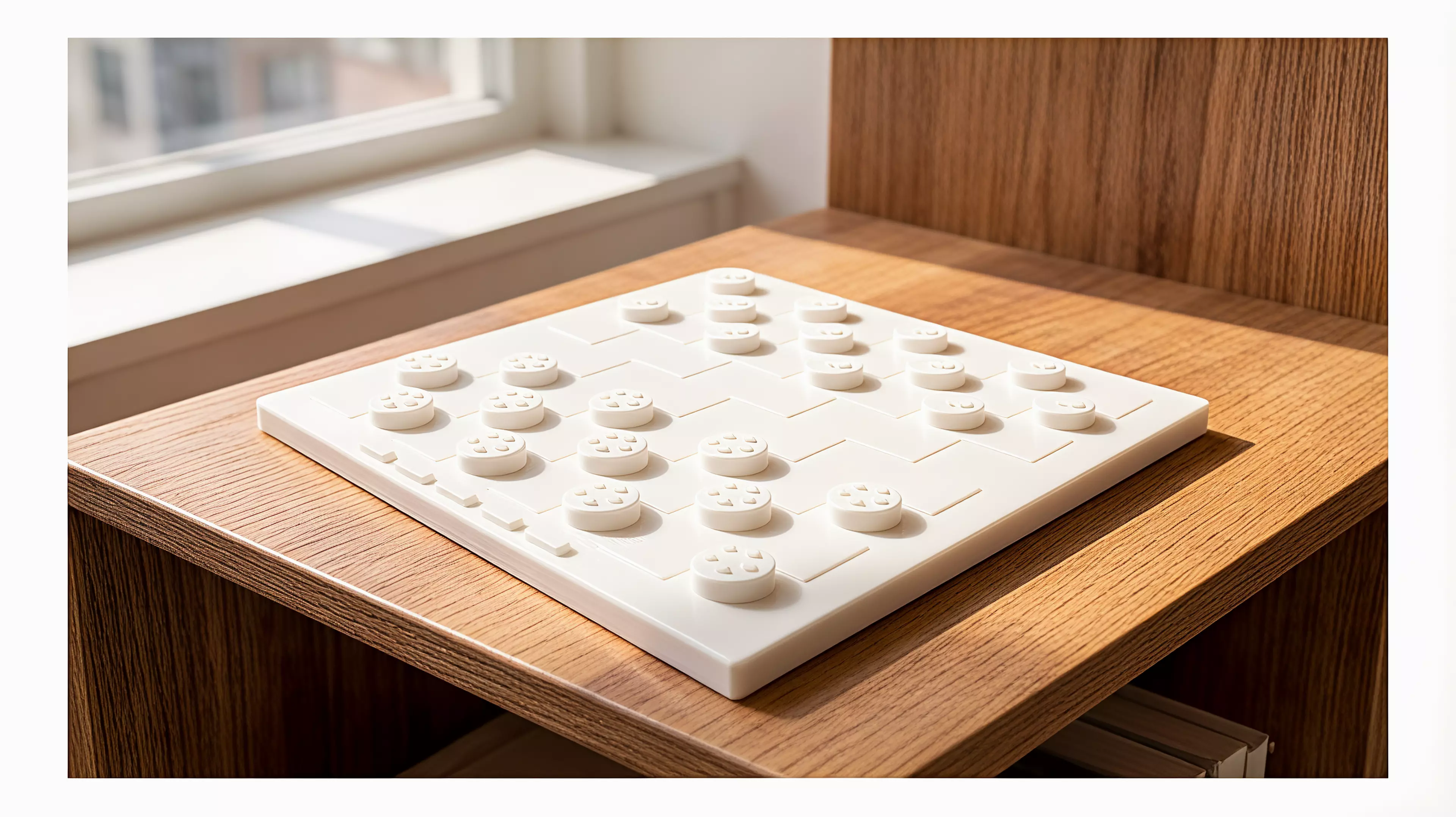 A regulation-readable checkers edition whose five-ring and five-spoke pieces, five brass-like threshold markers, and midnight grid turn the Workshop workflow into table presence without changing the known game.

By Alice.