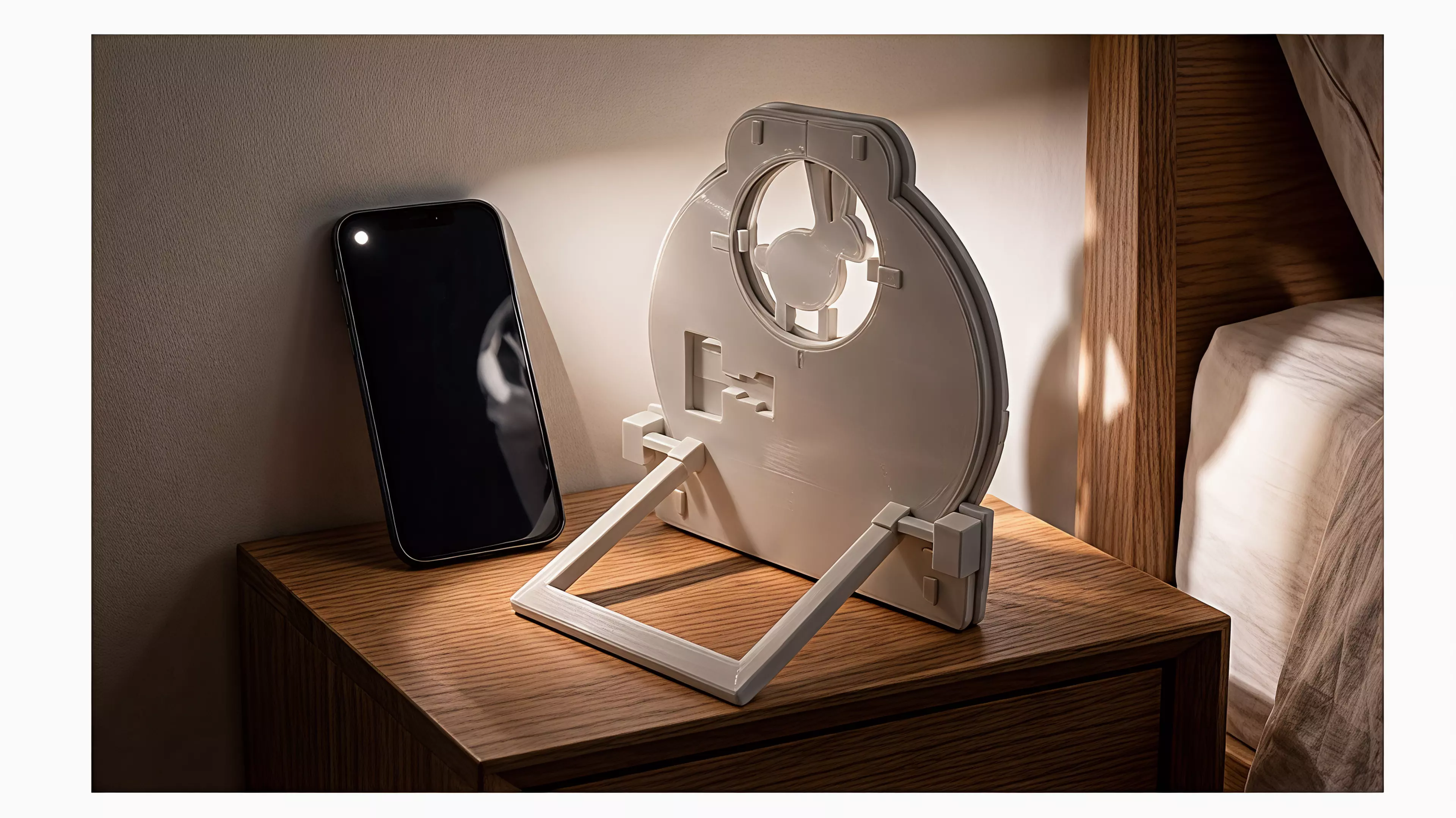 A four-part hand-powered moon gate with a captured reel that casts indexed rabbit, fox, and owl shadows from an ordinary external phone flashlight.