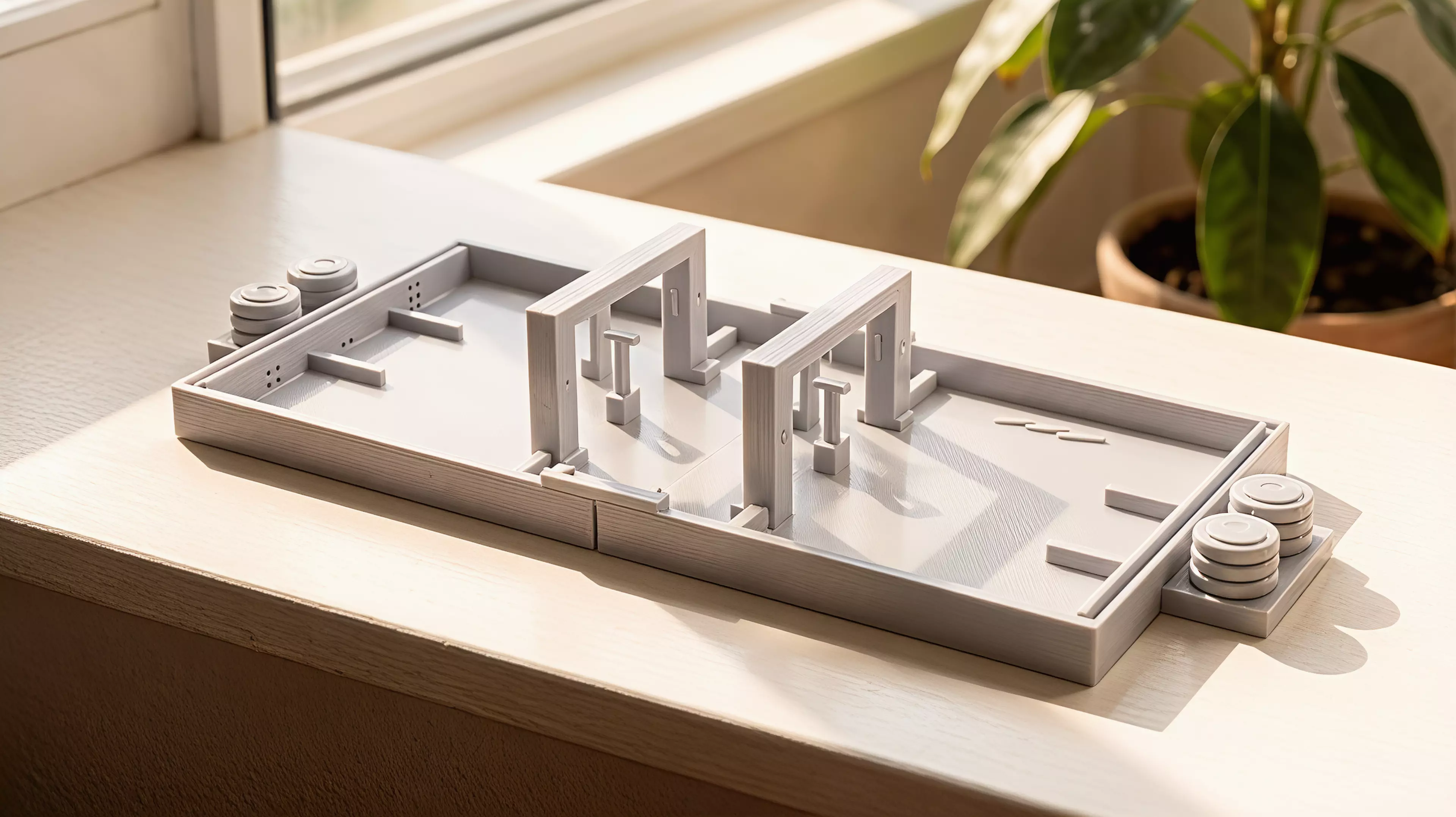 A portable, all-printed tabletop dexterity game for one or two players: pulse two gravity gates, flick a comet through both portals, and bank into pip-marked vaults across six shots.