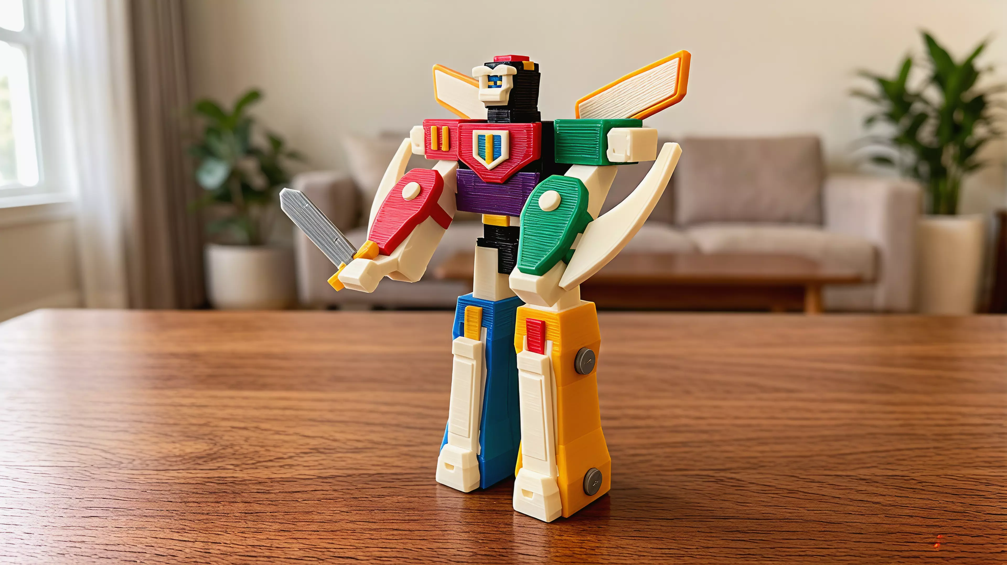 A spring-driven armoured warrior with a winding crown on top of his helmet. Turn the crown to its stop, let go, and a flat PETG spring coiled inside his waist sweeps the whole upper body — and the sword in his hand — through a wide visible arc, then you set it back by hand. Sixty-three printed parts, no electronics and no batteries: the only power source is the spring you wind yourself.