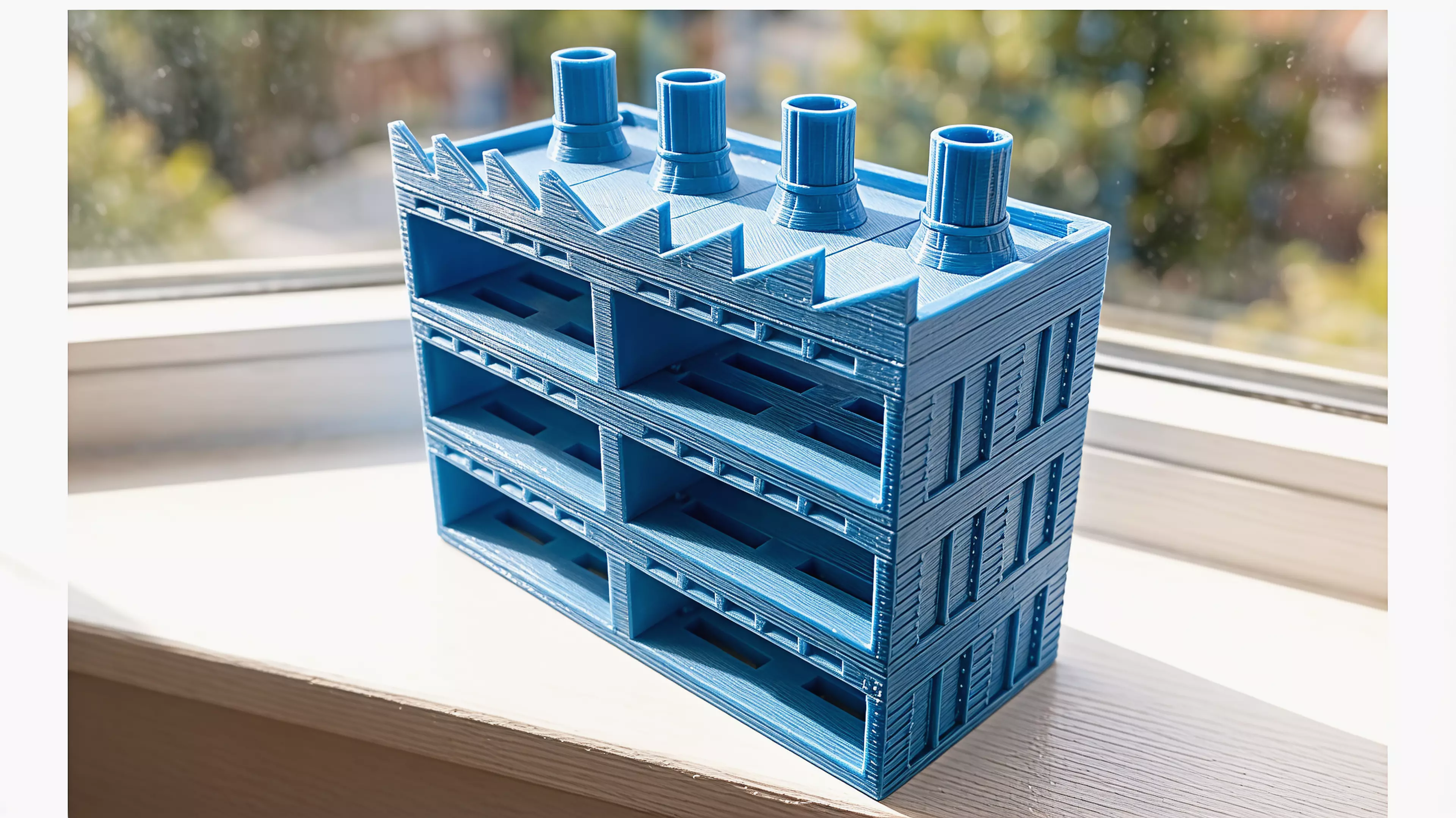 A 3-tier, 6-node modular factory-building stand for DGX Spark nodes (336 × 160 × 286.5 mm assembled), split into support-free FDM parts ≤ 168 × 160 × 61.5 mm, with a detachable 4-chimney Crown.