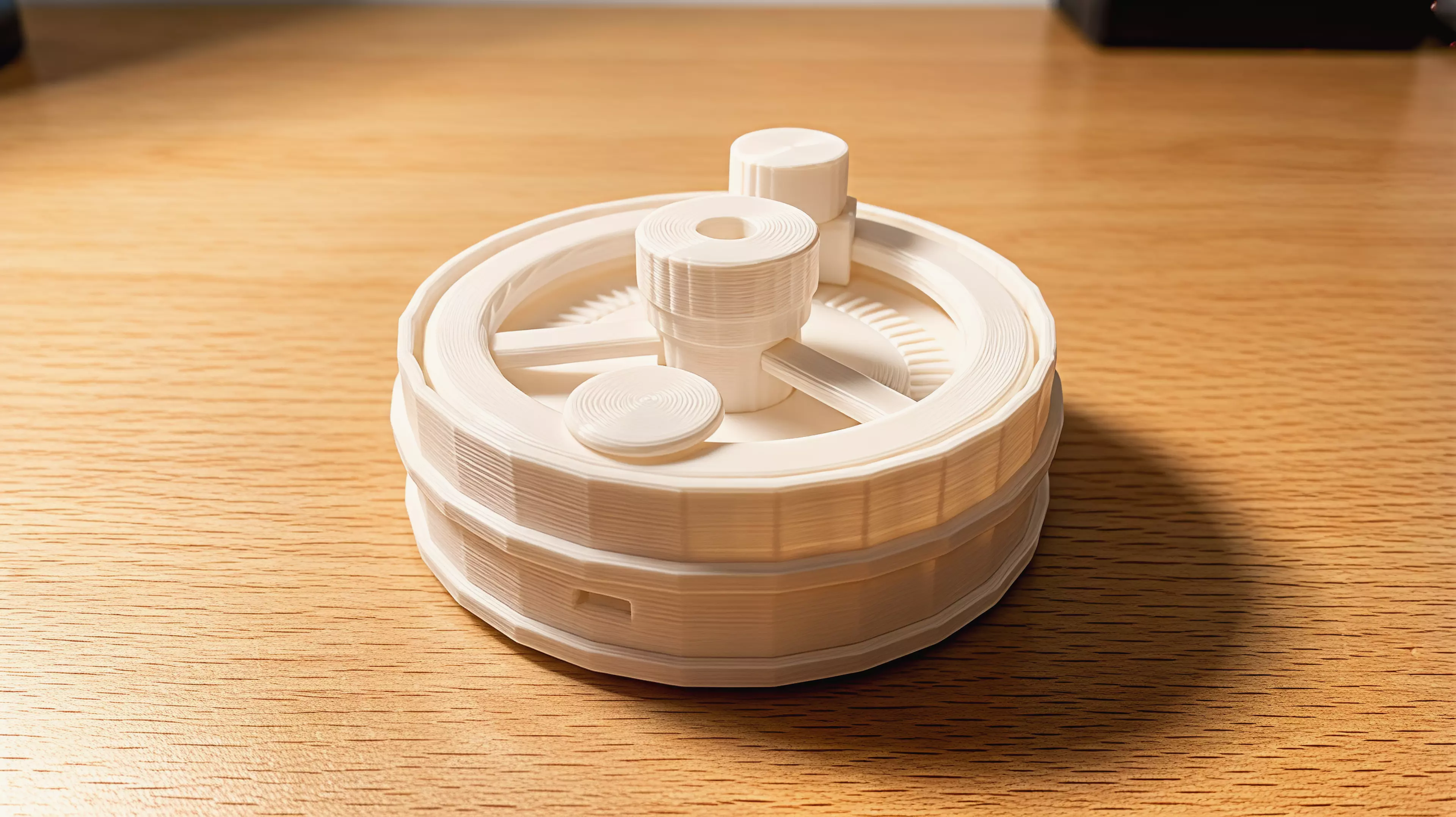 A palm-size, hand-powered desktop sound toy whose broad wheel carries a captive rounded gravity plectrum across three visibly different printed rib fields in the continuous sequence rain, frog-song, and crickets.