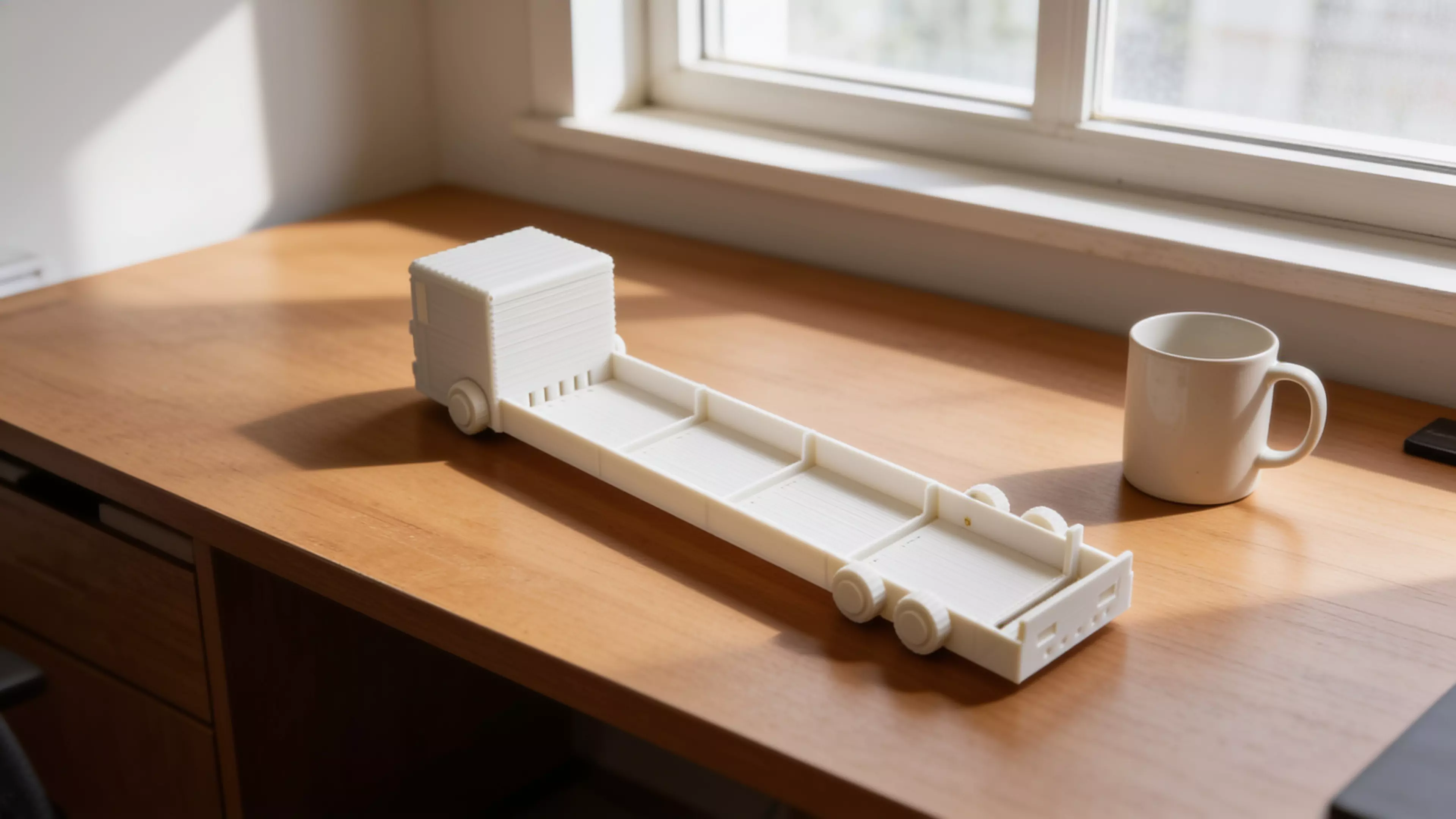 A pastel "future truck" desk shelf that carries 4 real DGX Spark units (150 × 150 × 50.5 mm) lying flat in a long row along the truck bed — built as a modular train of identical cargo bays between a cute pixel-face cab and a styled tail, on decorative six-wheel running gear.