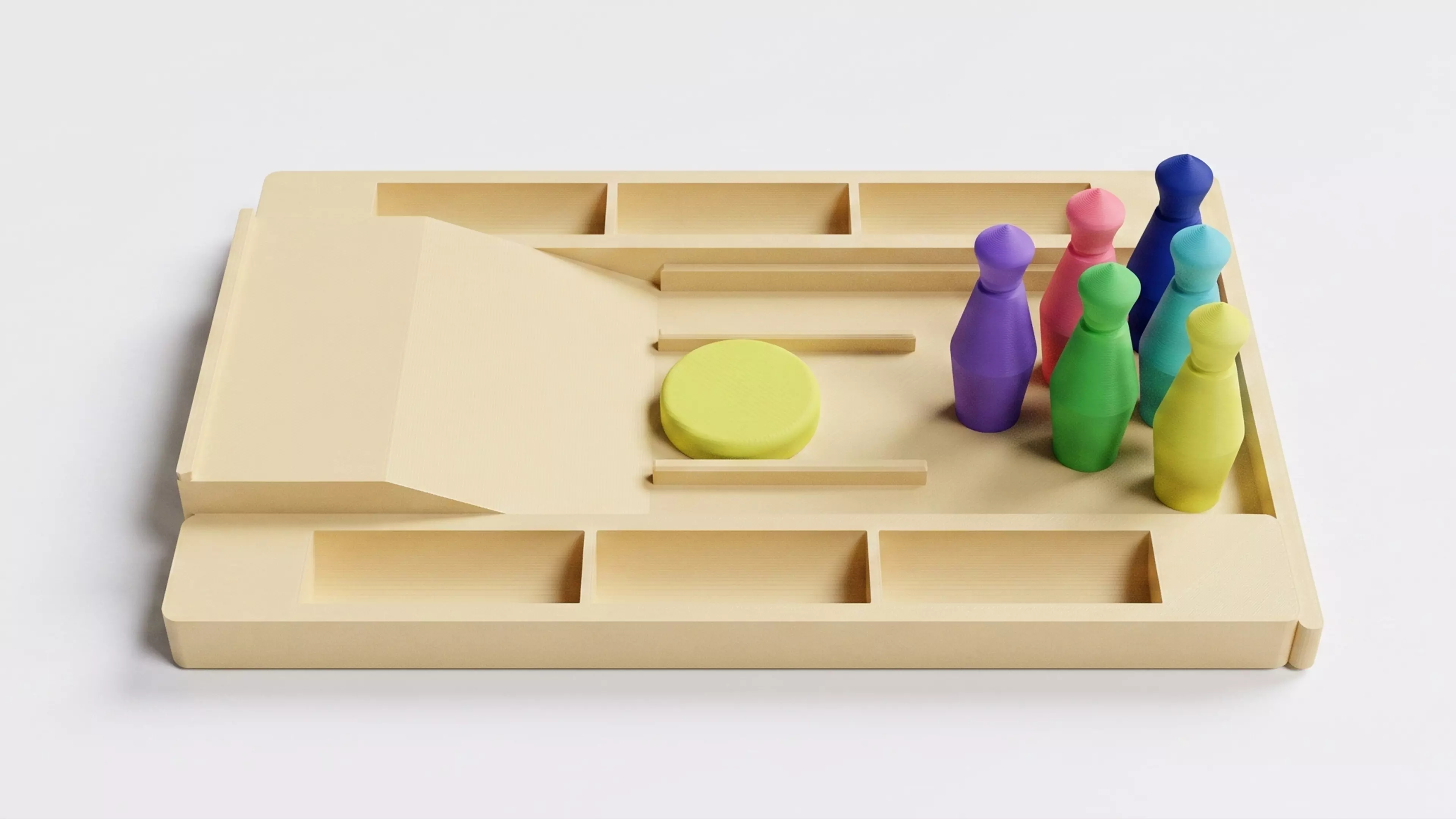 A pocket bowling toy: a lane tray that ramps into a flick-launch pad and doubles as nested storage, six molded pins in a 3-2-1 triangle, and one flick disc — flick the disc off the ramp to send it down the lane into the pins.