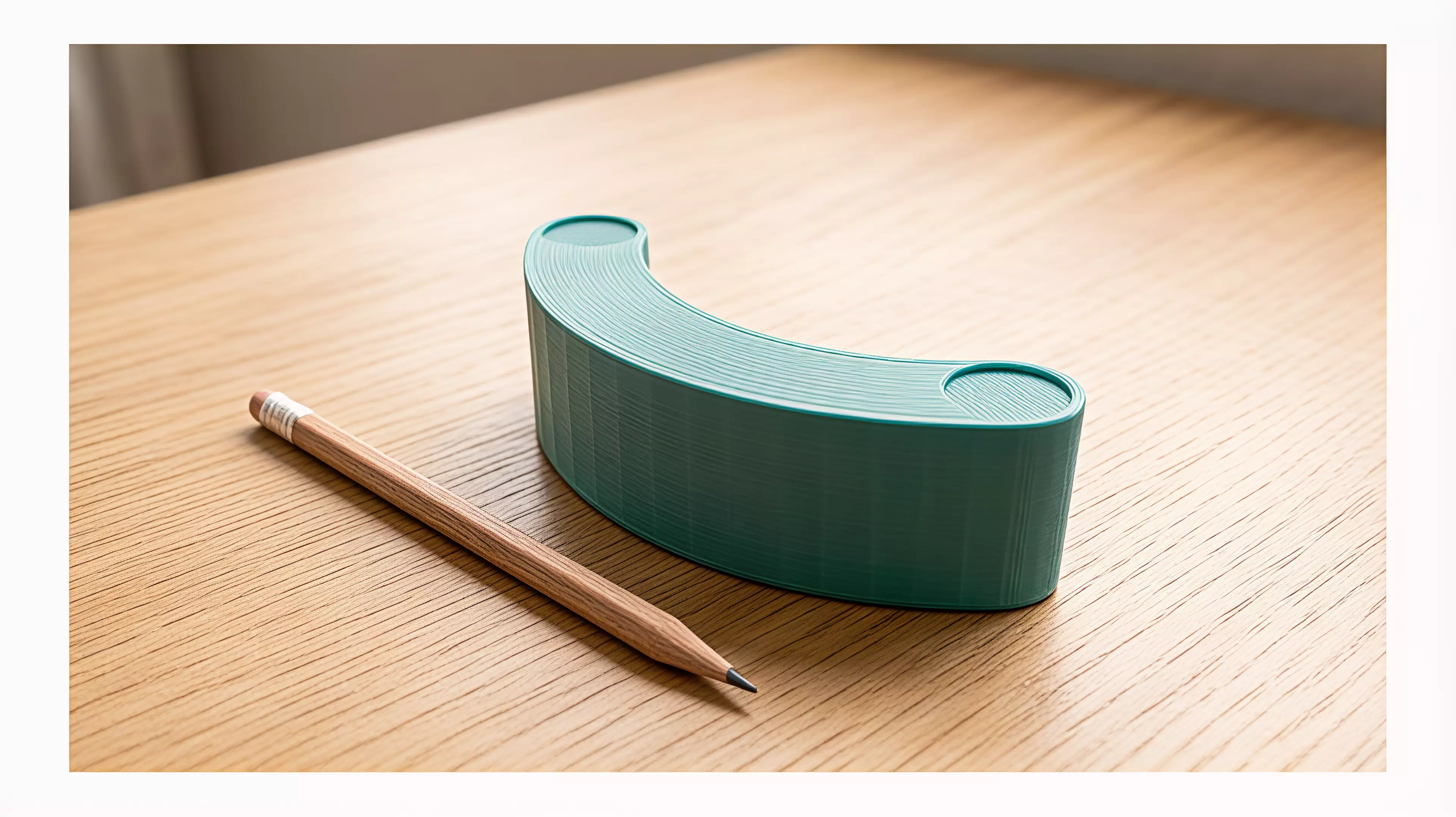 A tiny one-piece crescent desk rocker. Press a rounded horn with a fingertip and it tips, then gravity walks it back to rest on its outer curve.