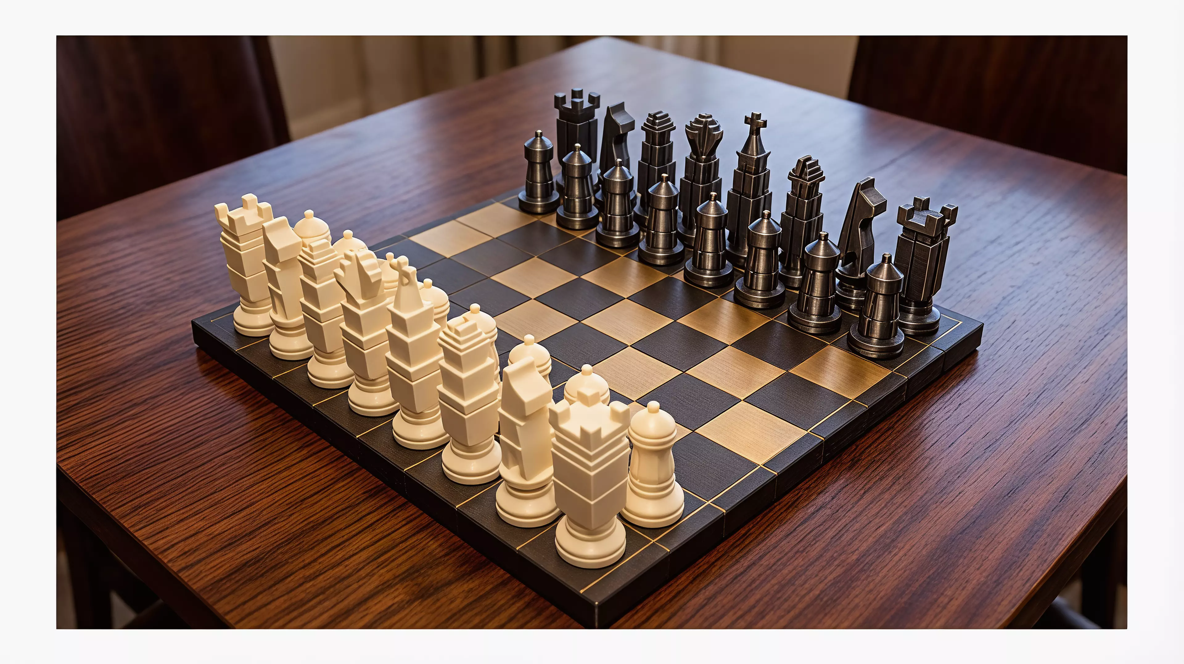 New York after midnight, translated into a complete architectural chess set with ordinary chess rules.

By Alice.