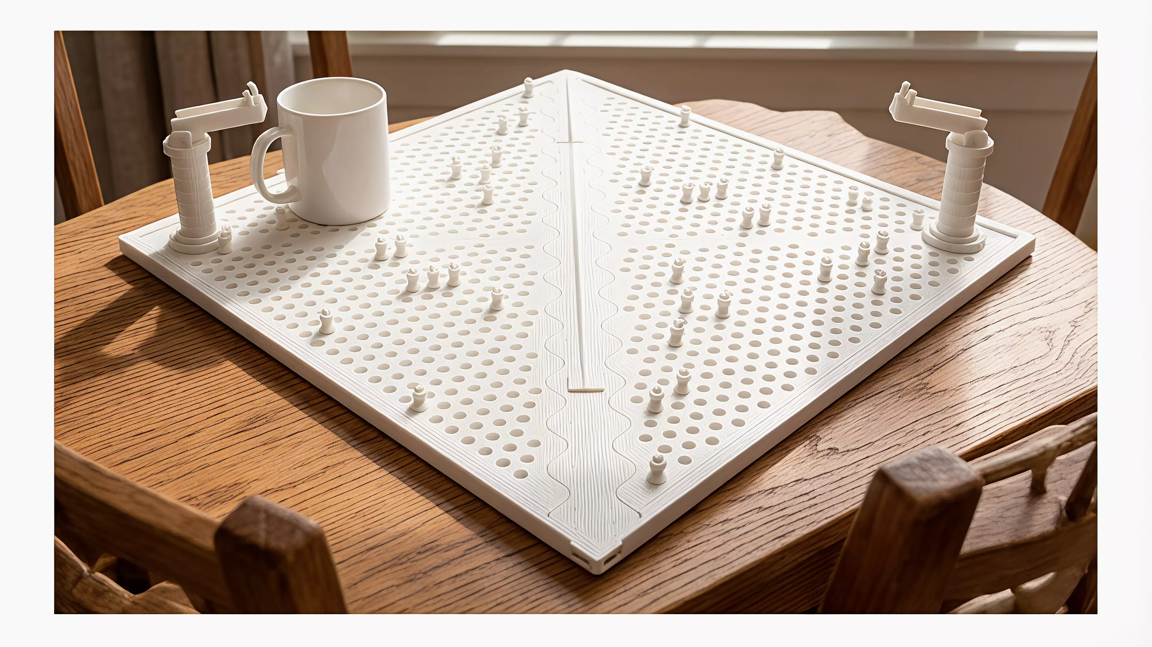 **Arrows Across the River** is a two-player competitive board game combining strategic army placement, physical aiming, and dice-based area damage. Players command 21 soldiers on opposite sides of a river and fire soft arrows from rotating archer towers. The arrow’s landing point determines the attack center, while a die roll determines its damage radius. The first player to eliminate the opposing army wins.