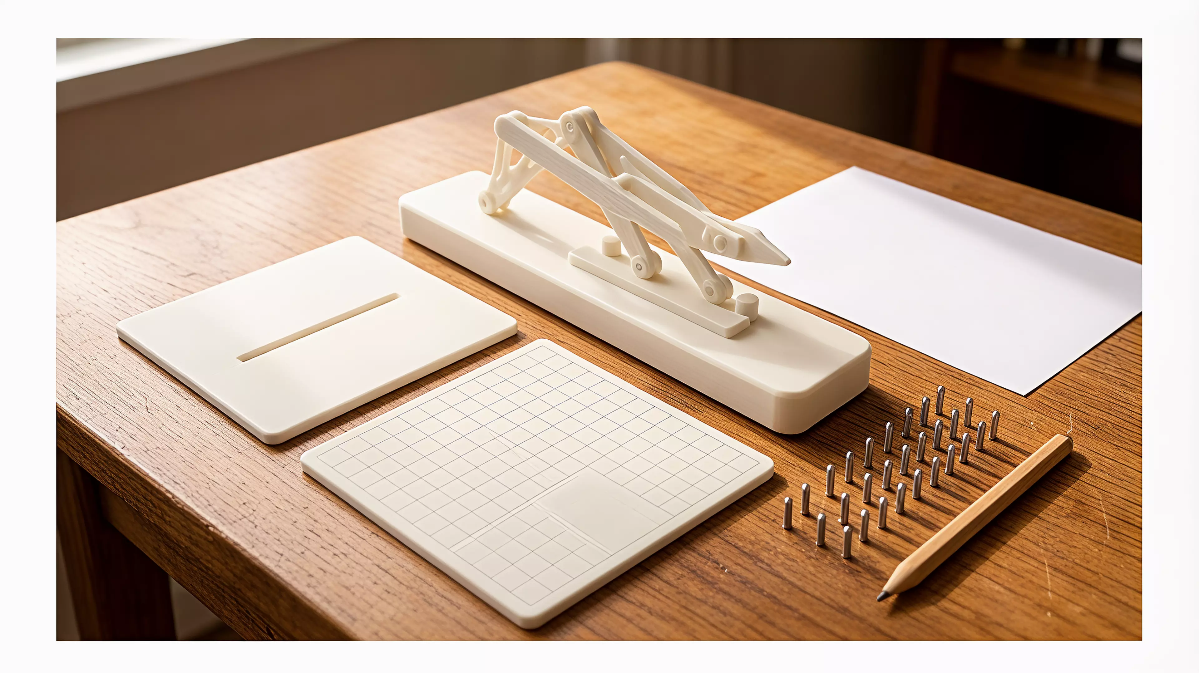 A calibrated 1:1.6 four-bar parallelogram pantograph (copy = ×0.625 of the master) plus its survey kit: base rail + 2 long arms + 2 short arms + press-in pivot bosses/pins, a steel-needle tracer, a pen-collet scribe, a two-position ratio-lock, a 200×140 mm hidden blueprint board, a matching 5…