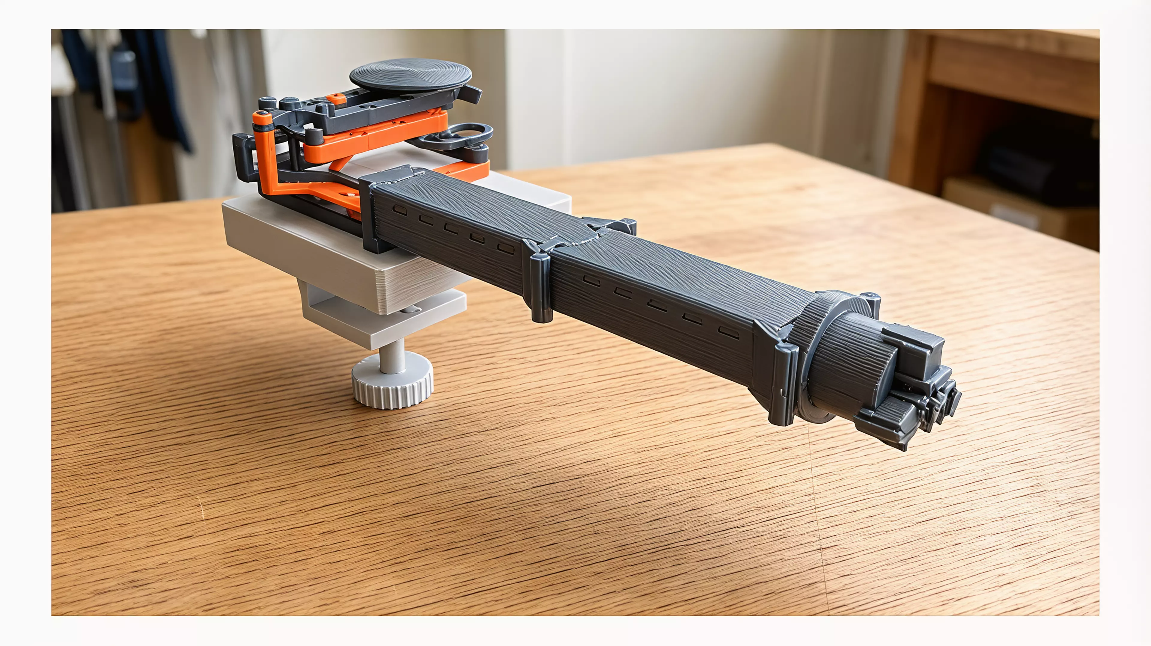 A bench-clamped manipulator that mirrors your hand at 2:1 - squeeze, twist and thumb-push drive a gimballed three-jaw gripper down a stackable boom, for steady, dexterous work inside aquariums, terrariums and tight chassis your hand cannot reach.
