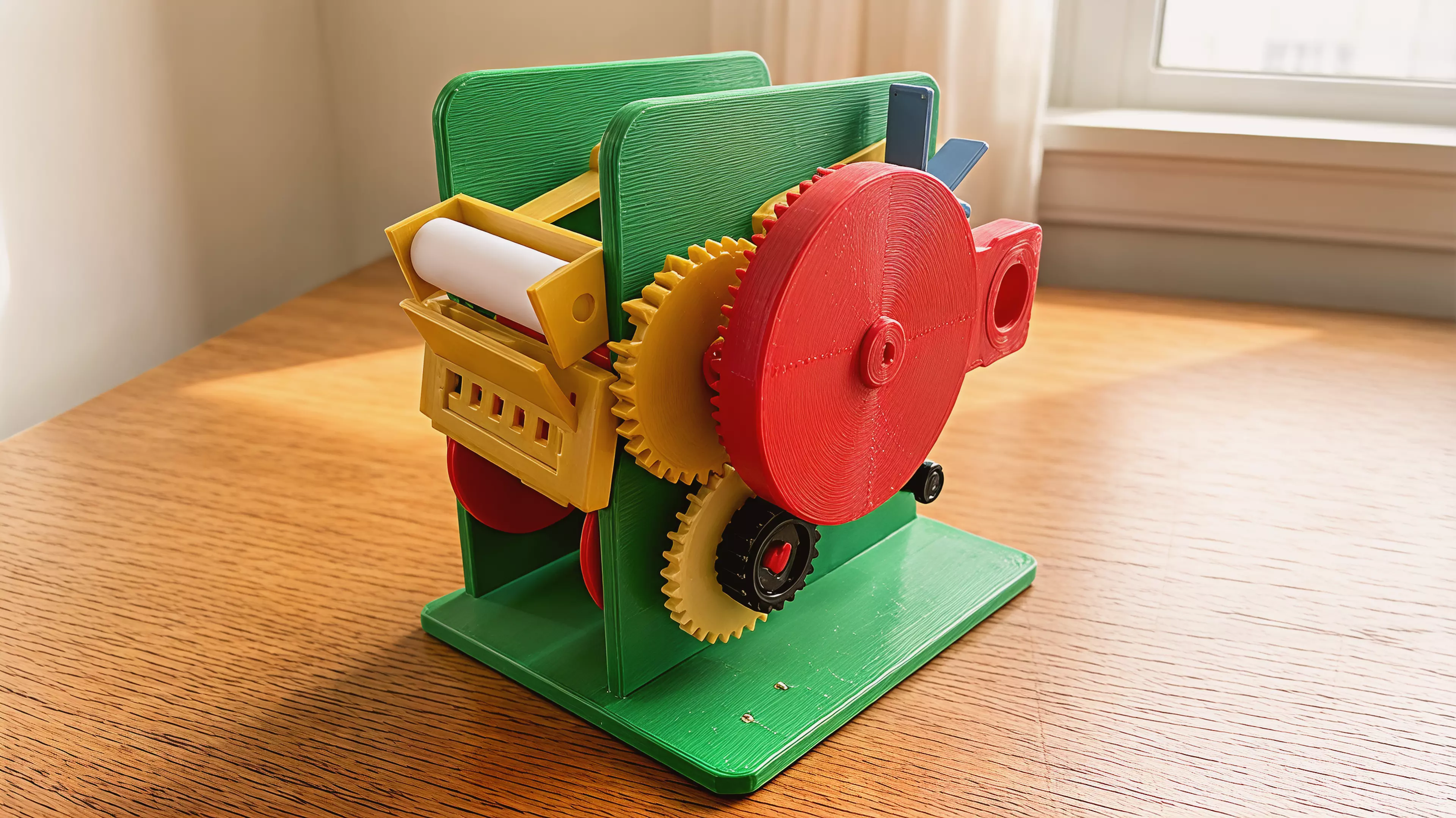 A small, honest transport mechanism made legible. The right-hand side of the machine is a bare gear plate — you crank it, and you watch a six-slot Geneva cross snap the capstan through exactly one sixth of a turn while a ratchet clicks and a six-blade air paddle whirrs up to speed and holds you back. On the left of the plate, hidden behind it, a 57 mm paper strip walks 12 mm and one new line of news appears in a slot on the front. It is a newspaper you can only read forwards, one line at a time,