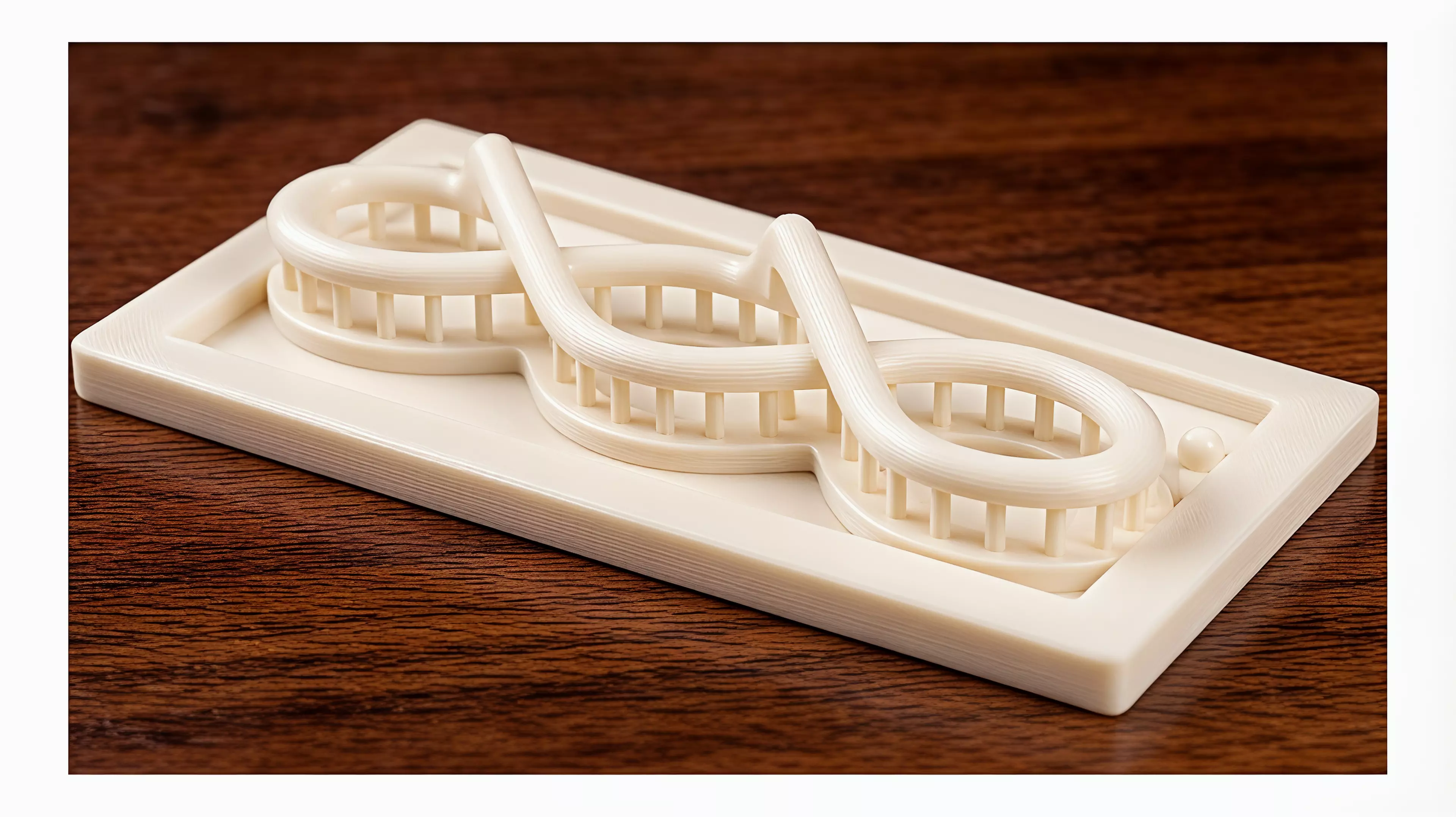A one-handed print-in-place desk toy whose captive moon runner follows one fully visible braided figure-eight route through two separated bridges and returns home by continued thumb motion.