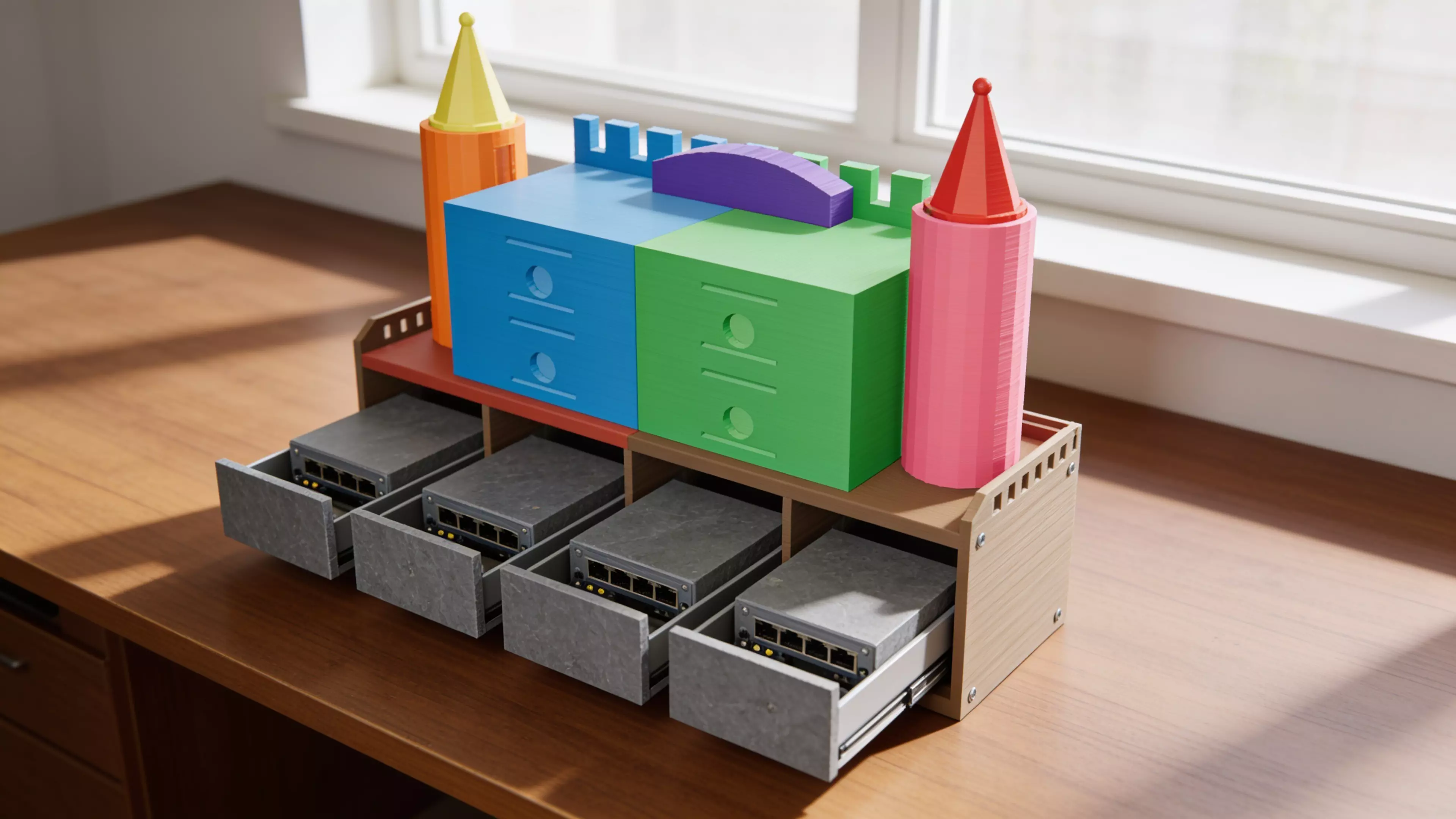 A pearl-white "fairytale-fortress" desktop rack that actually holds four real DGX Sparks (150×150×50.5 mm, 1.2 kg each) in a 2×2 slide-in grid, built from 9 printed modules that bolt together with hidden M4 hardware.