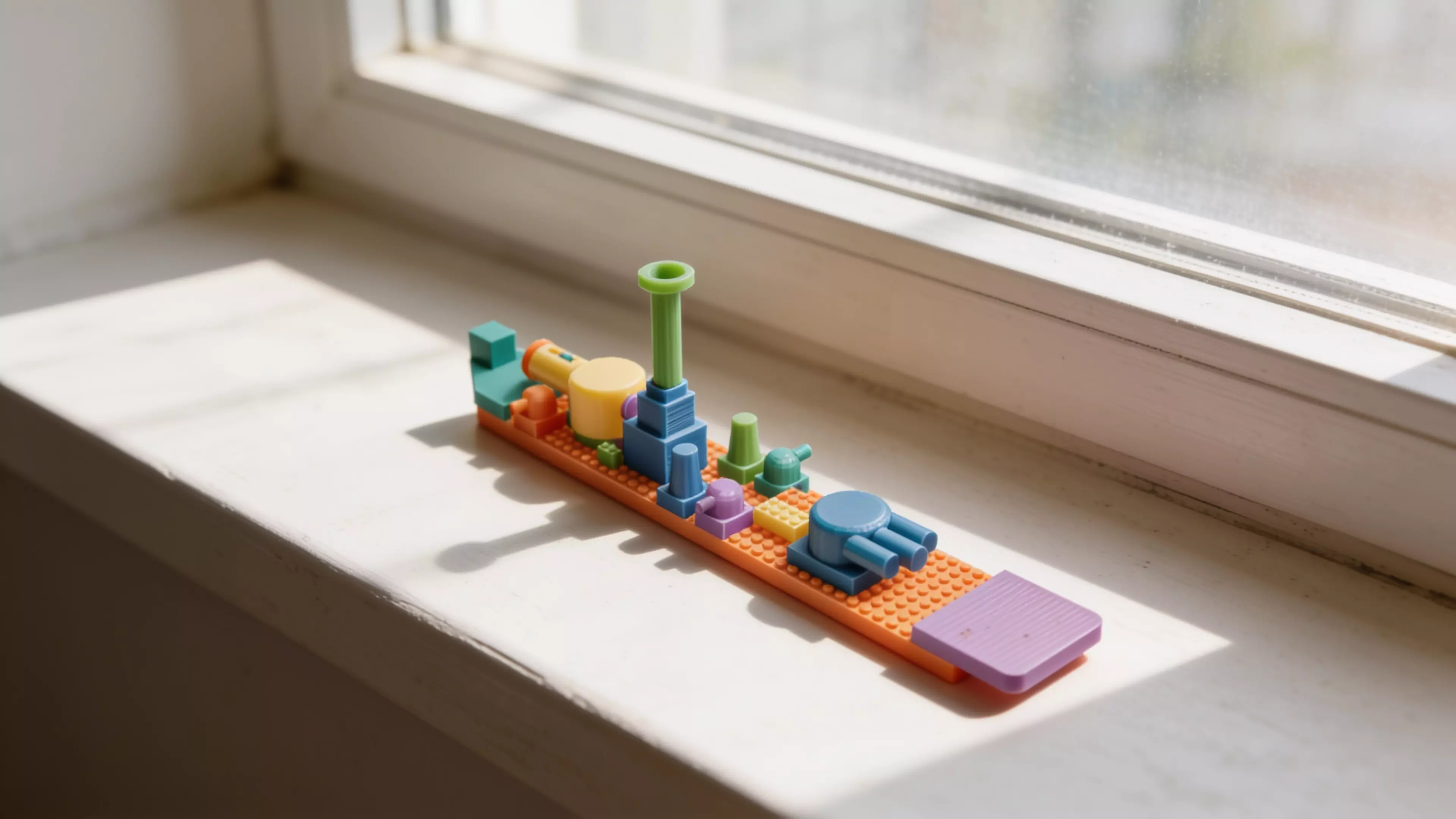 A WWII-dreadnought-styled construction toy: an 8 mm-pitch stud-and-tube brick system (deck plate, bow, stern, bridge tower, generic bricks, smokestacks, secondary turrets) plus a free-rotating main turret with a spring-less push-launcher, assembling into a 240 mm desktop battleship.