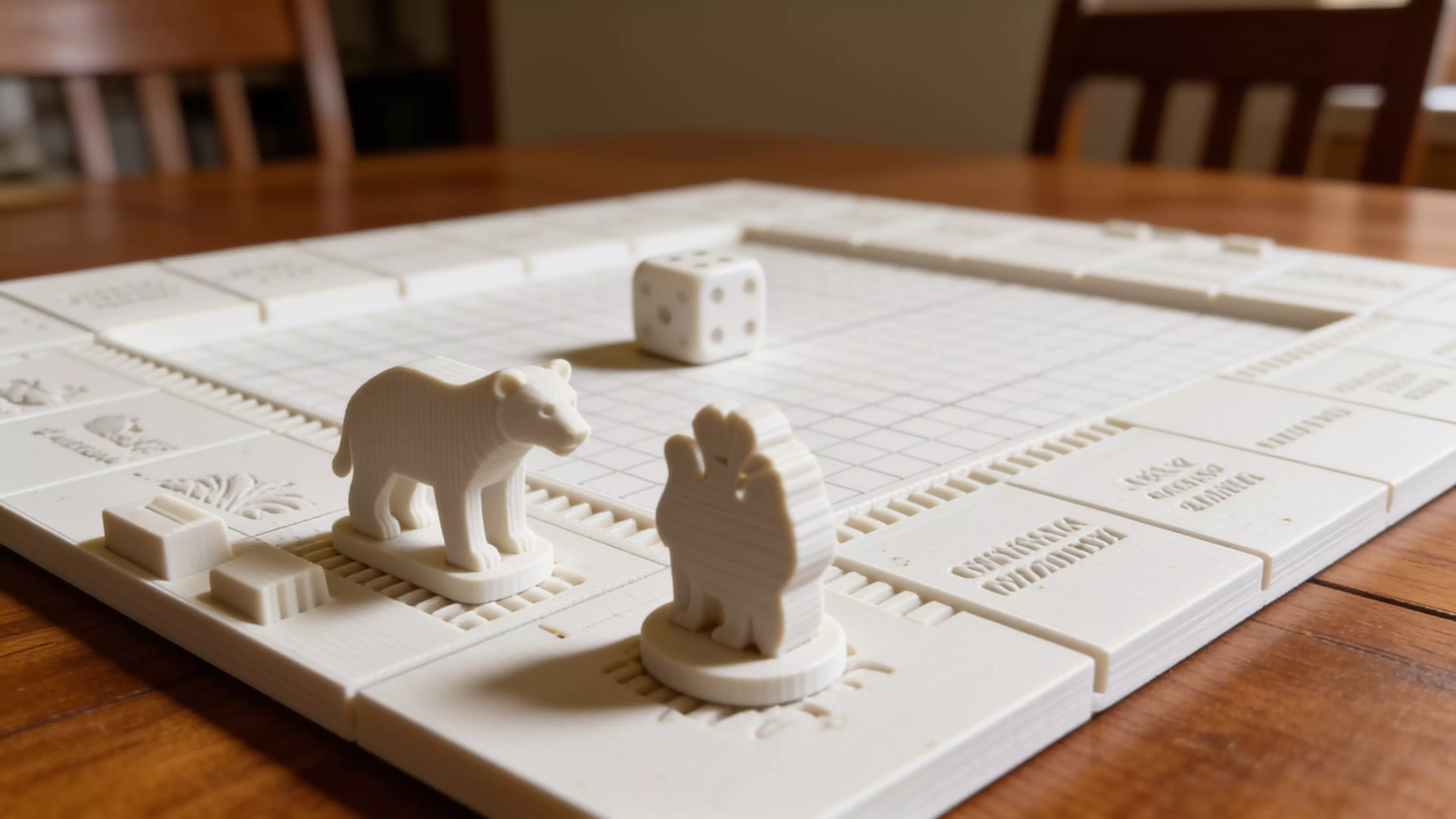 A complete printable set for the game: a 270 × 270 mm snap-together tile board with all 24 spaces engraved, 6 animal tokens (lion, elephant, fox, turtle, panda, eagle), shelter + wildlife-center building pieces, two dice, and a card/money storage tray.