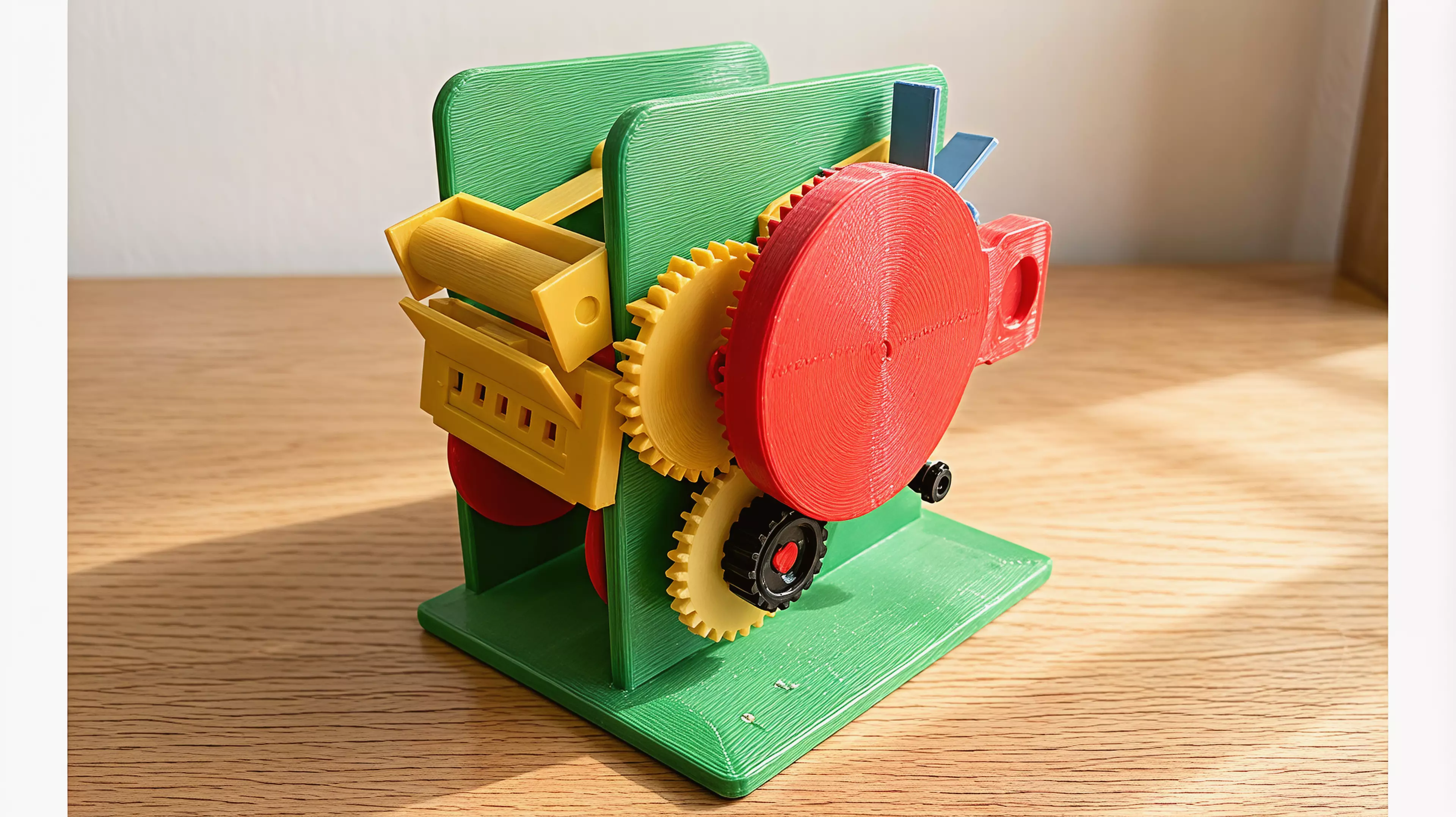 A small, honest transport mechanism made legible. The right-hand side of the machine is a bare gear plate — you crank it, and you watch a six-slot Geneva cross snap the capstan through exactly one sixth of a turn while a ratchet clicks and a six-blade air paddle whirrs up to speed and holds you back. On the left of the plate, hidden behind it, a 57 mm paper strip walks 12 mm and one new line of news appears in a slot on the front. It is a newspaper you can only read forwards, one line at a time,