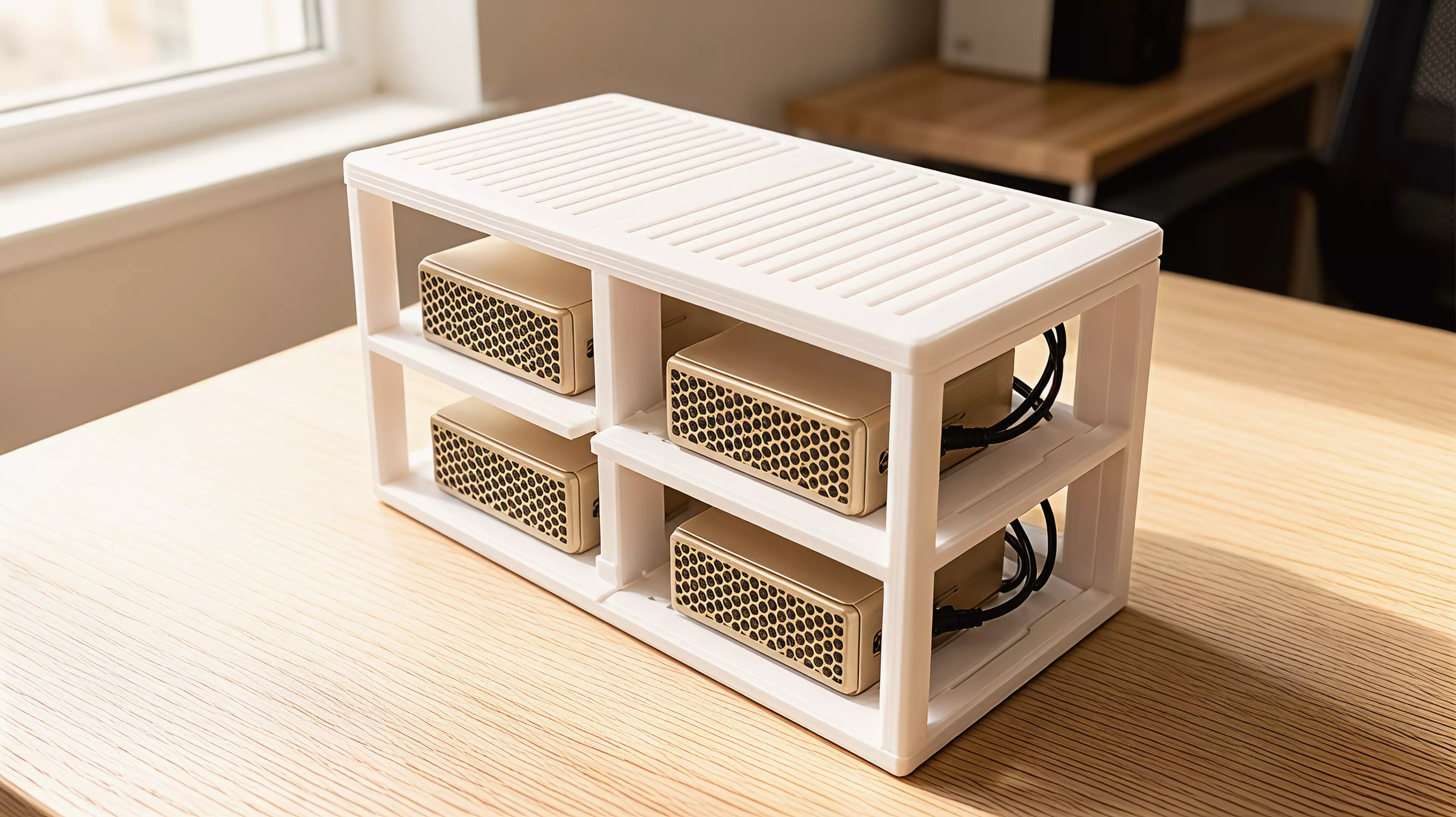 A 9-part FDM-printable 2x2 stacked stand for four 150x150x50.5 mm DGX Spark nodes: a full-height base/spine frame with dual vertical posts, four cantilevered vented shelf trays (fastened with M4 SHCS into heat-set inserts), and four TPU anti-vibration feet — matte tool-grey body with hazard-amber…