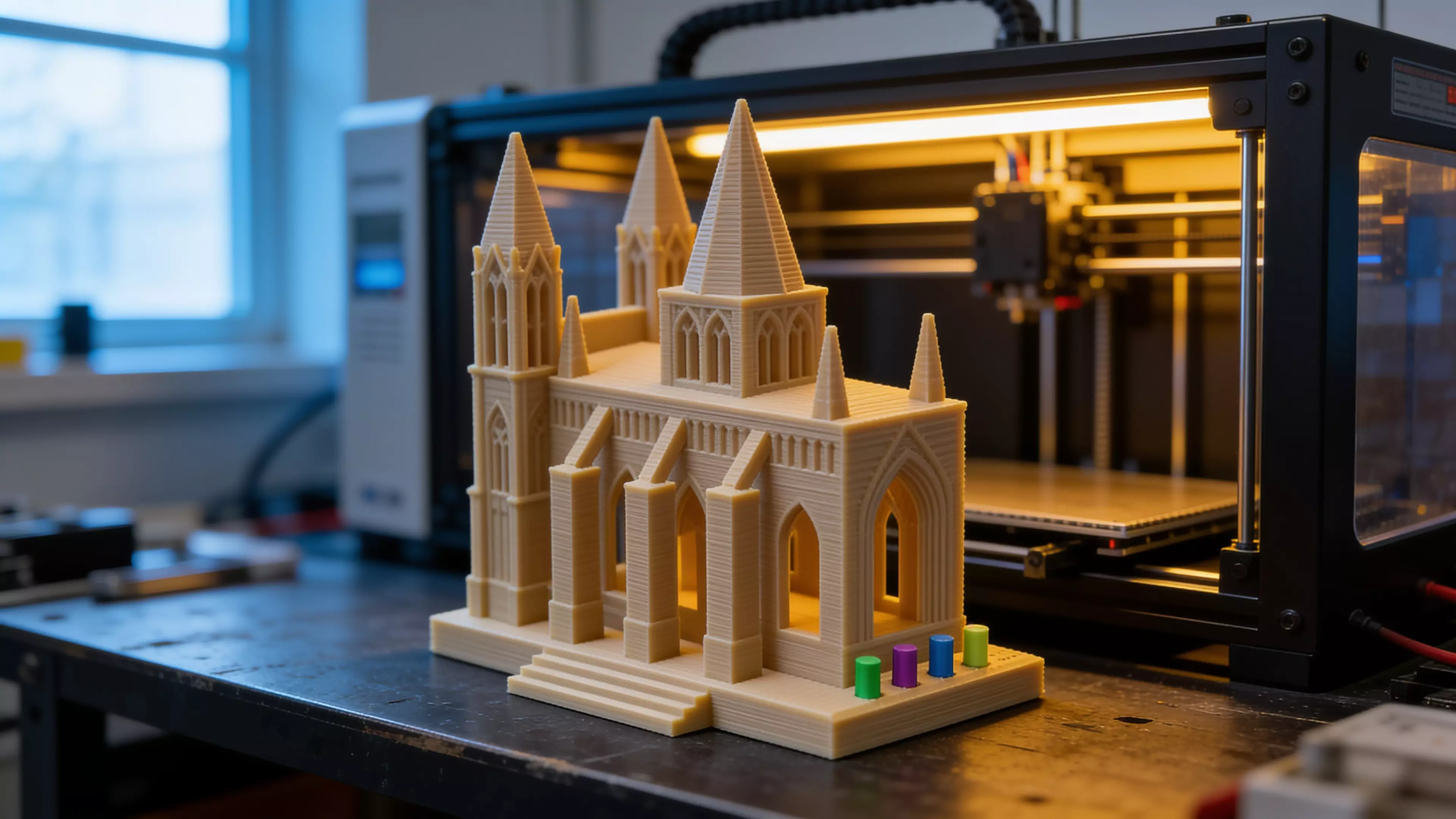 The Calibration Cathedral is a Gothic micro-cathedral that is secretly a complete FDM torture test: self-supporting pointed-arch windows, a graduated flying-buttress overhang staircase, tapered spires and pinnacles for bed adhesion and fine detail, a bridging rose window, a print-in-place captured…