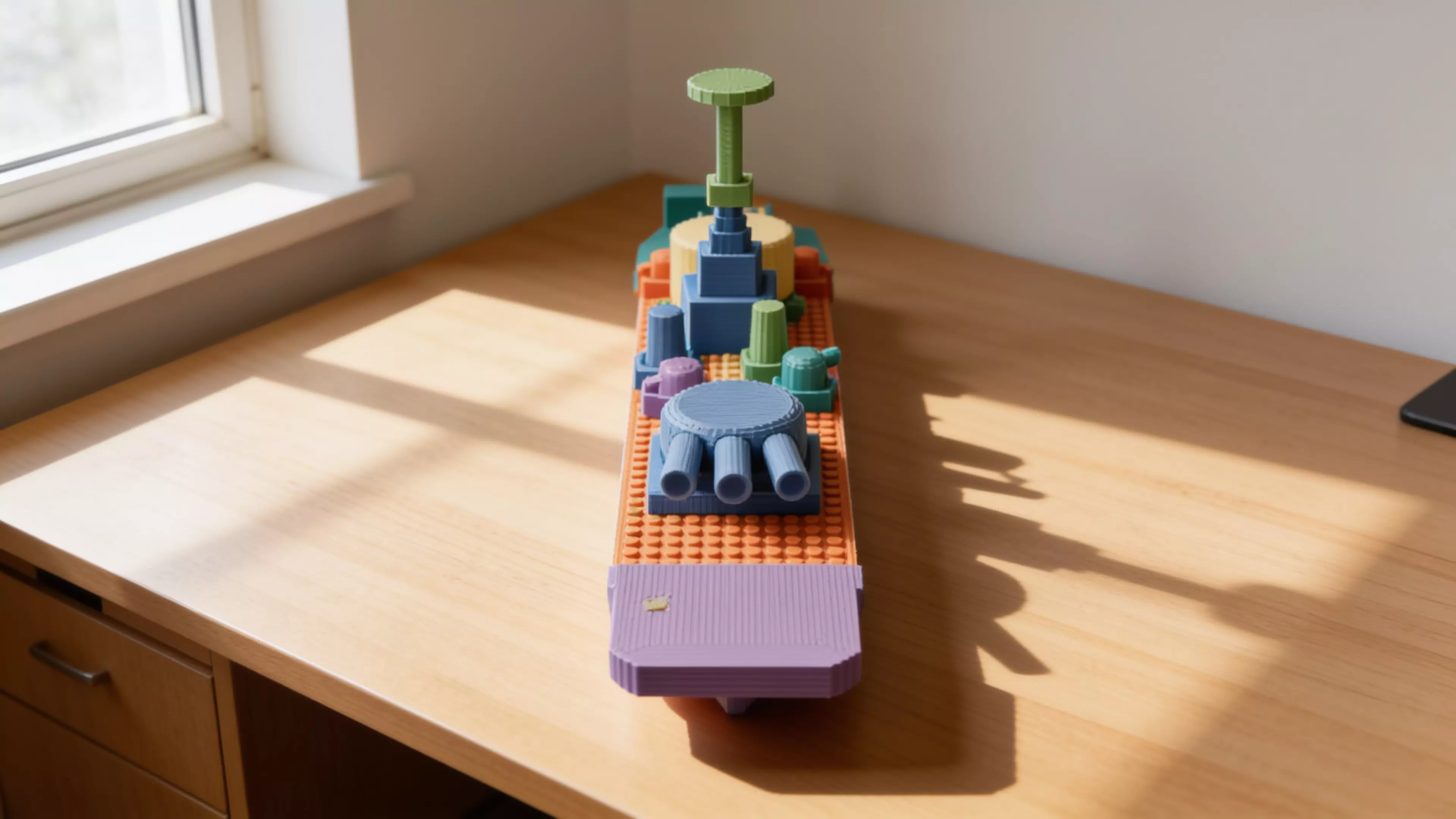 A WWII-dreadnought-styled construction toy: an 8 mm-pitch stud-and-tube brick system (deck plate, bow, stern, bridge tower, generic bricks, smokestacks, secondary turrets) plus a free-rotating main turret with a spring-less push-launcher, assembling into a 240 mm desktop battleship.