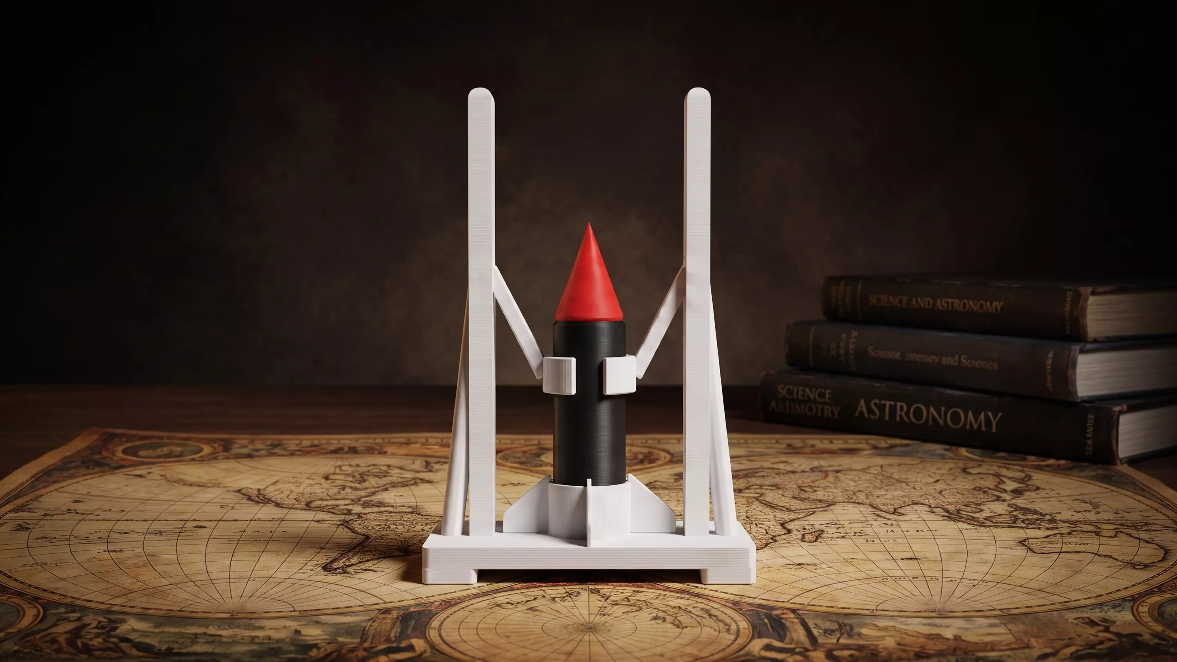 A 180 mm desktop model-rocket-on-launch-tower display: a natural-wood-tone launch tower cradling a removable tan/gray toy rocket, matching the reference photo's craft-model look.