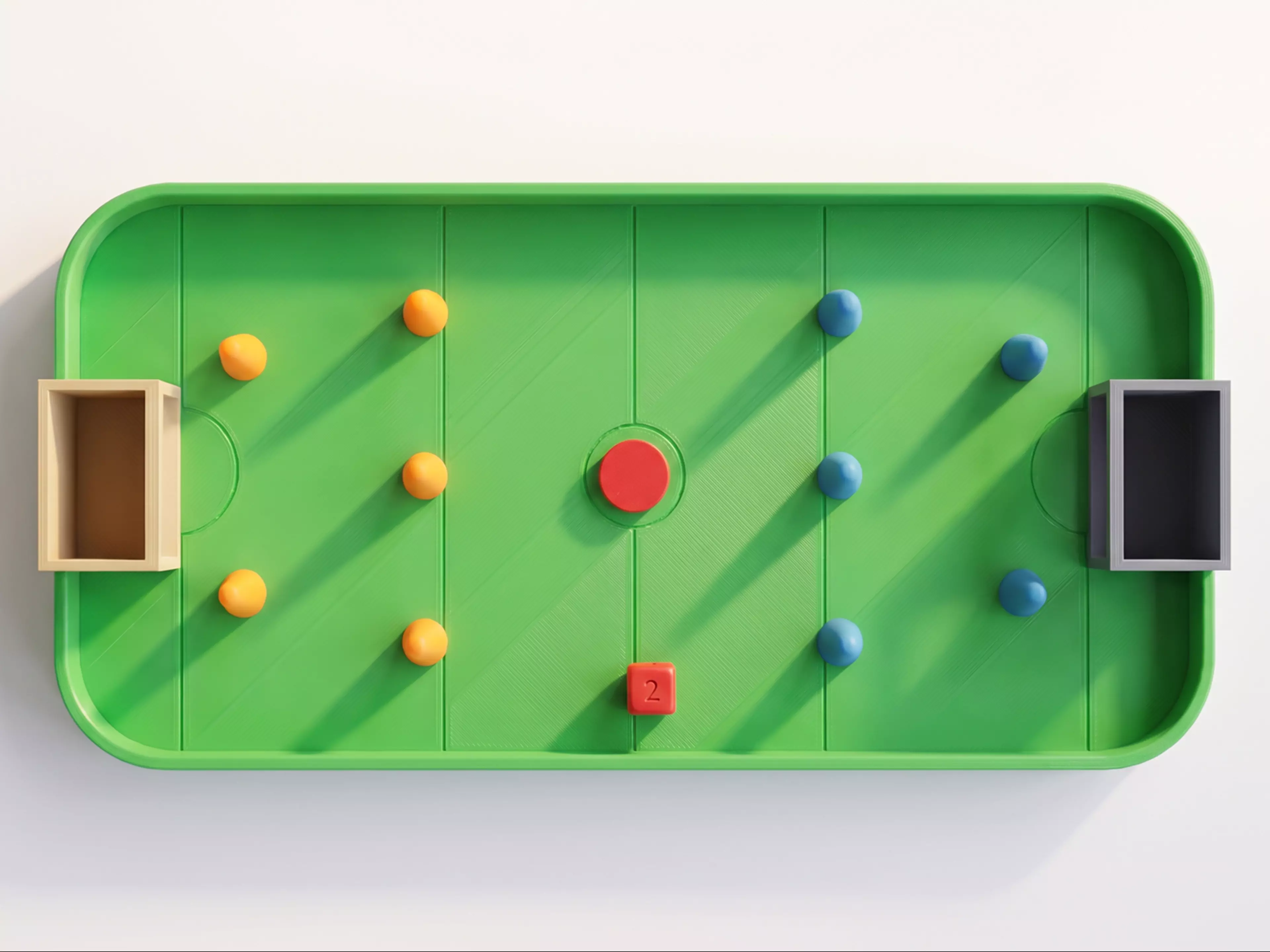 A tabletop hockey game kit: 
1. Role the dice to get how many pin can stand on the field
2. Set the pins' position as your will
3. Choose the angle, flick the puck to score
