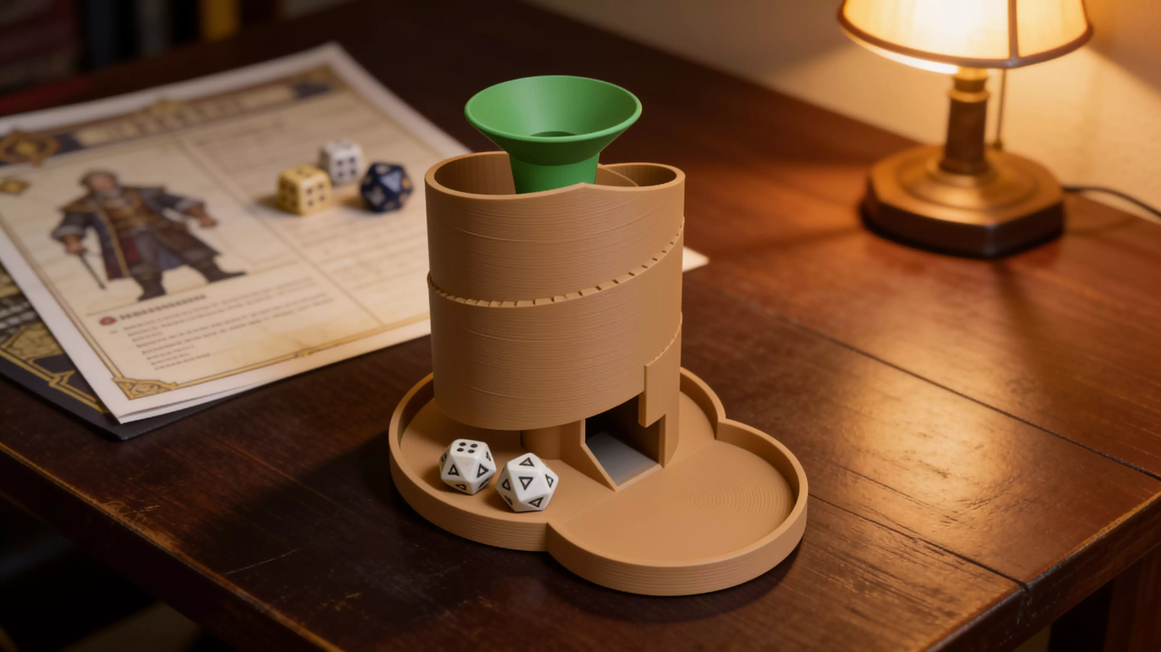 A 210 mm tall helical dice tower: a funnel hopper feeds dice onto a spiral ramp that winds 2.42 turns around a central pillar, contained by overlapping guide walls, exiting through a domed chute near the base onto an integrated landing tab.