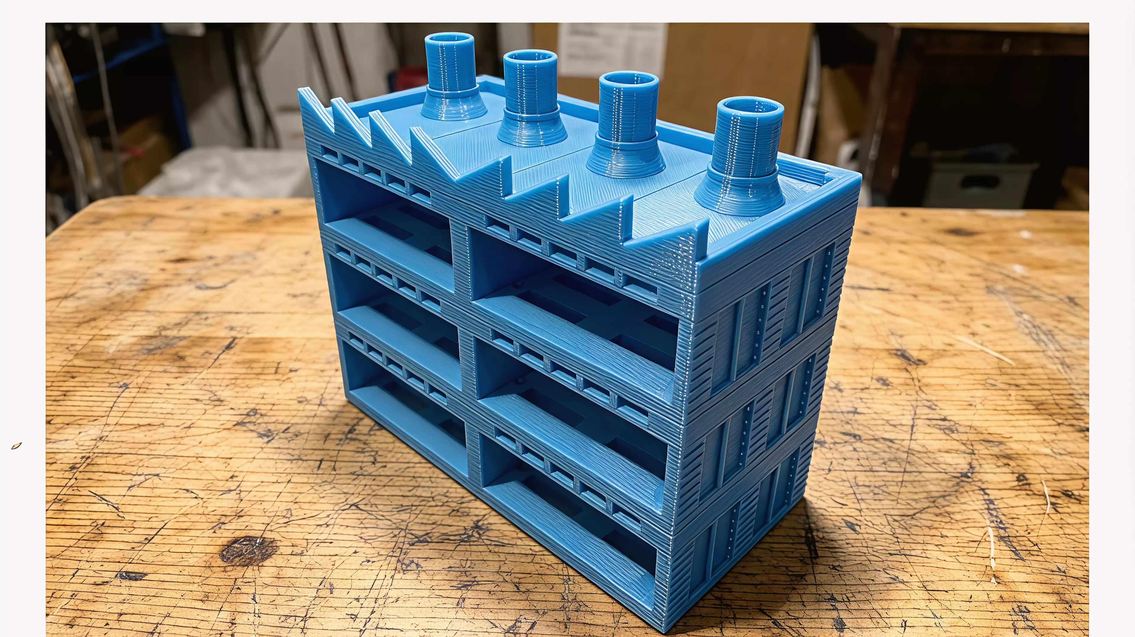A 3-tier, 6-node modular factory-building stand for DGX Spark nodes (336 × 160 × 286.5 mm assembled), split into support-free FDM parts ≤ 168 × 160 × 61.5 mm, with a detachable 4-chimney Crown.