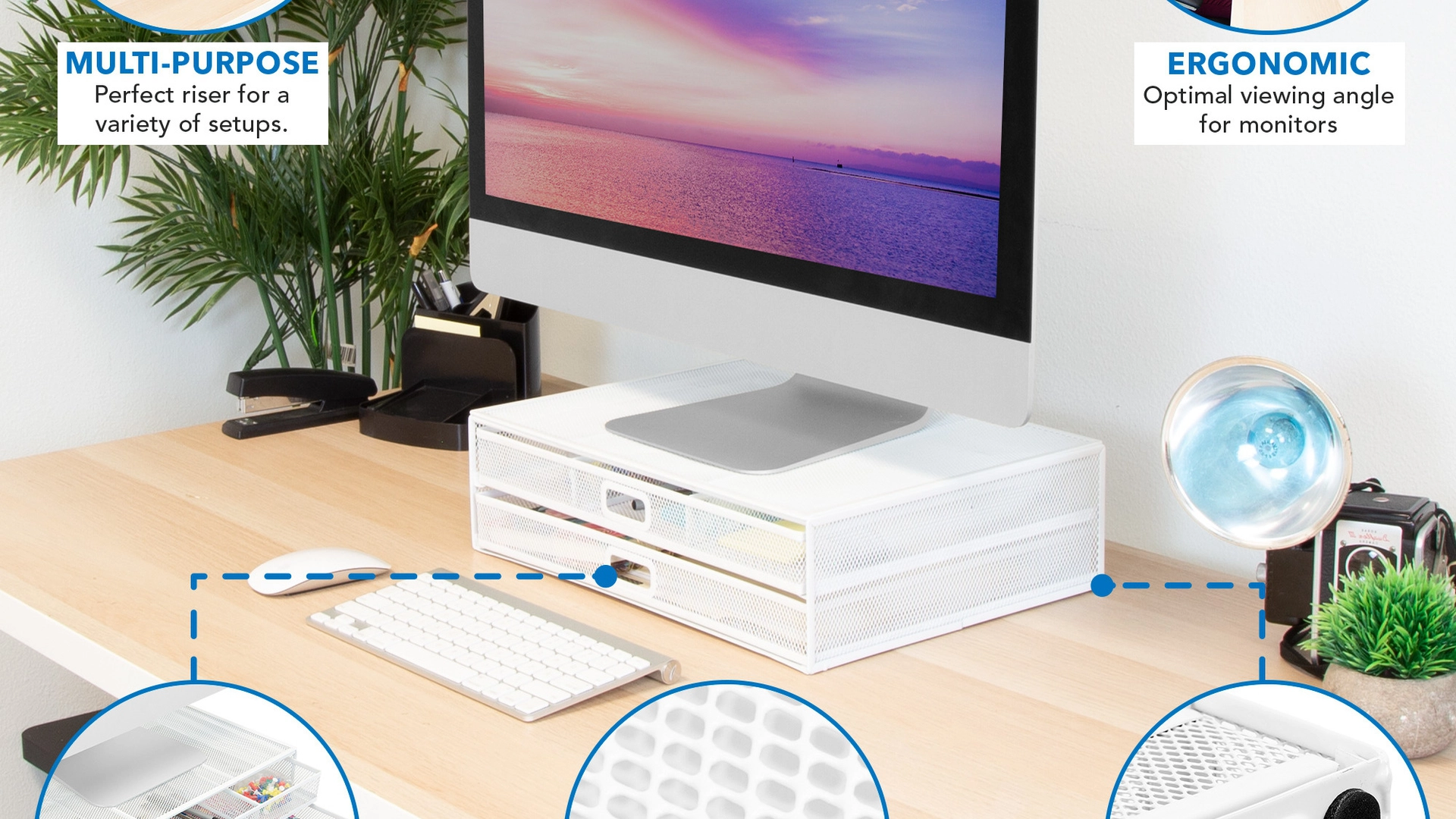Mount-It! White Mesh Computer Monitor Stand W/ Two Drawers