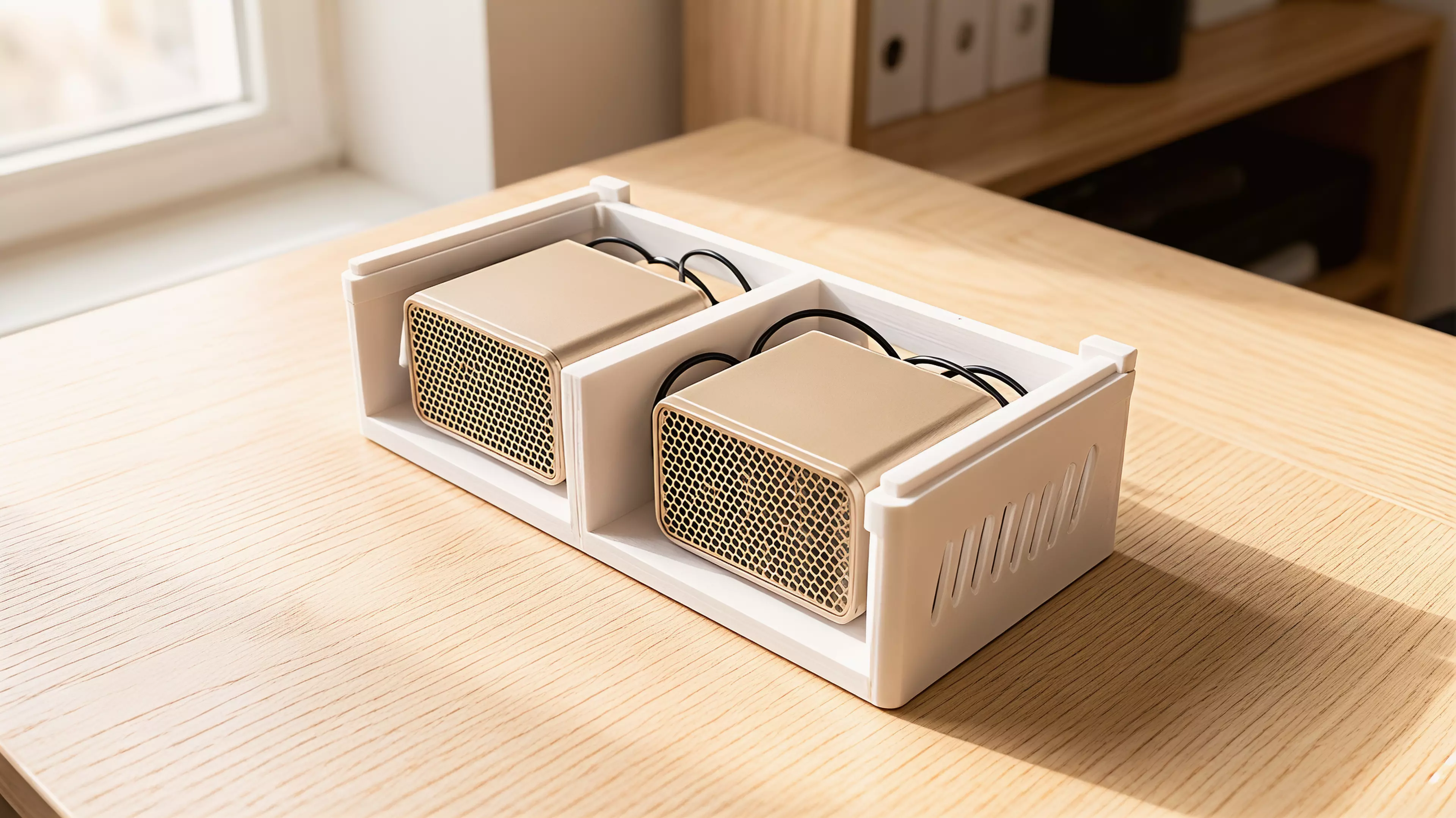 A modular rack tier for two NVIDIA DGX Spark nodes side-by-side, built as left + right halves tied by a slide-in dovetail plate, with male dovetail rails on top and female slots underneath so identical tiers slide-stack from the rear and lock with rear thumb-screw stop keys — in the chosen soft…