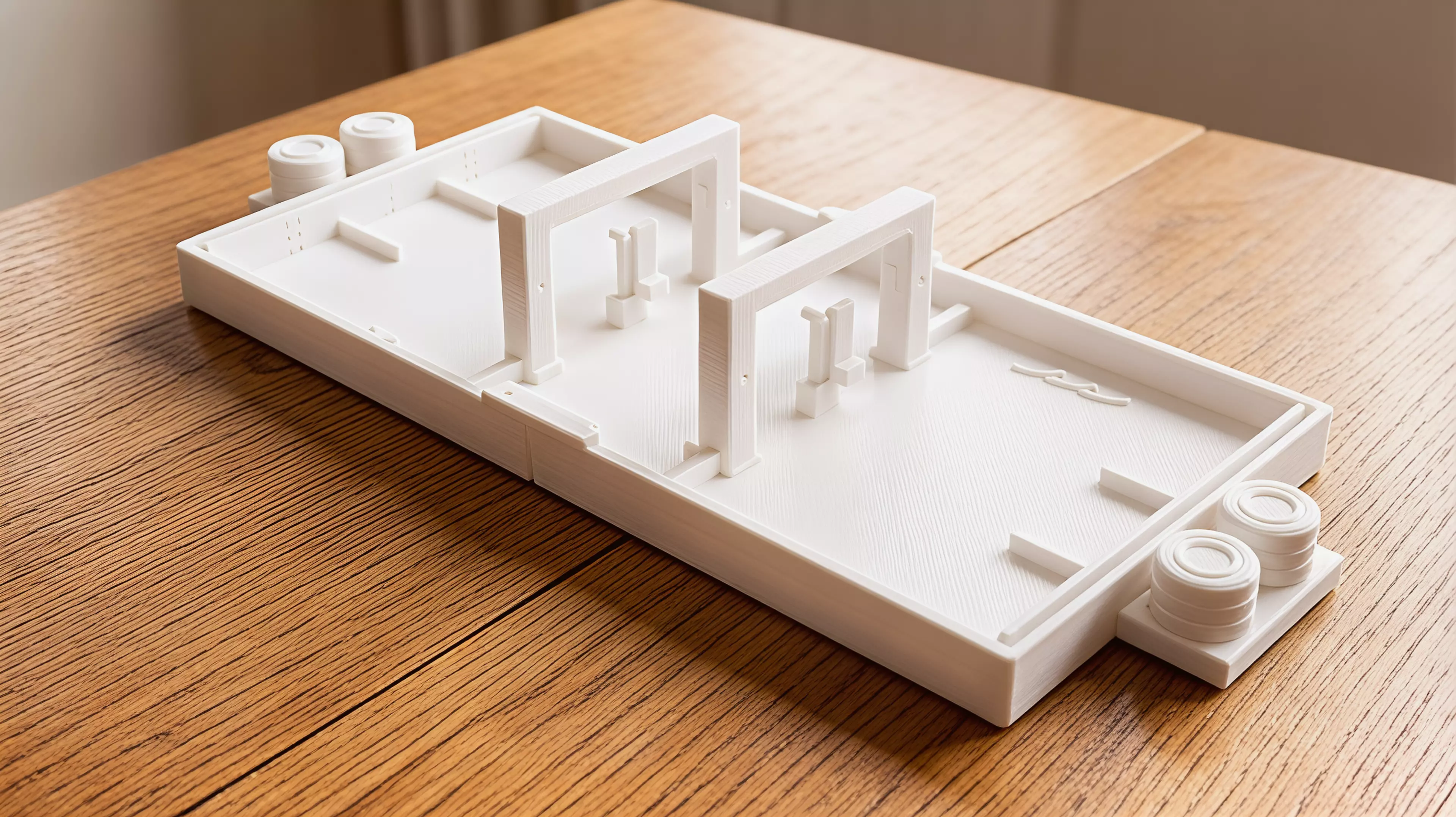 A portable, all-printed tabletop dexterity game for one or two players: pulse two gravity gates, flick a comet through both portals, and bank into pip-marked vaults across six shots.