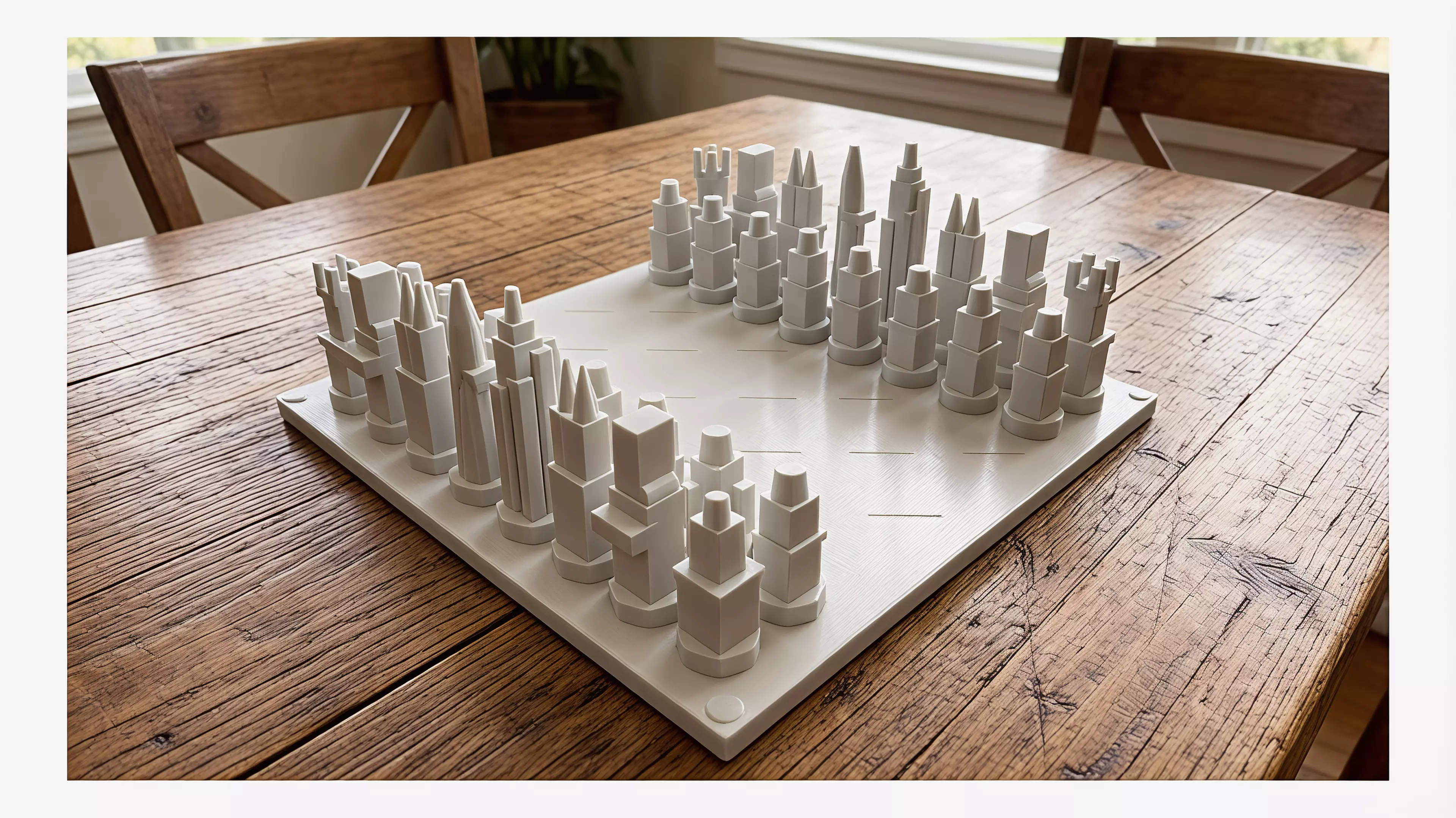 A compact standard-rules chess set with two tactile armies built from six Ho Chi Minh City architectural silhouettes.