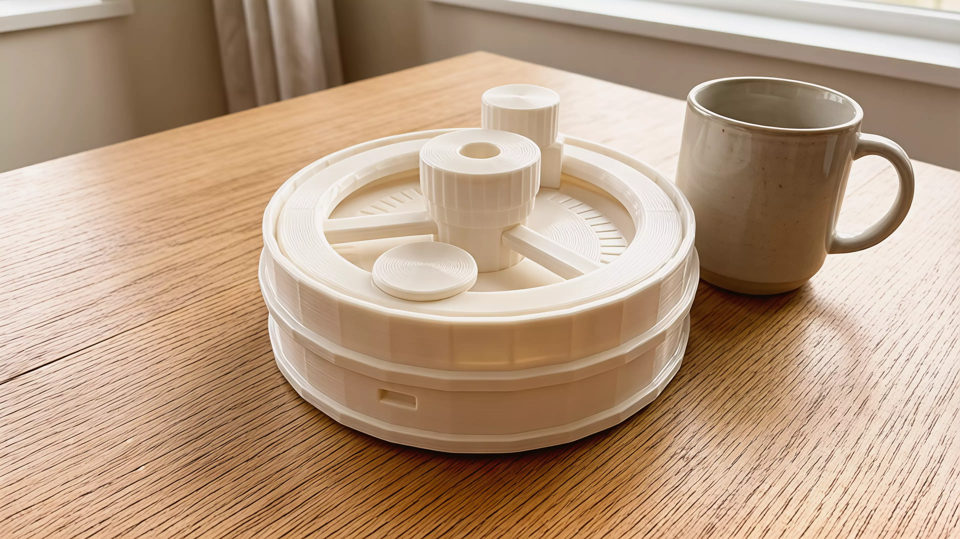 A palm-size, hand-powered desktop sound toy whose broad wheel carries a captive rounded gravity plectrum across three visibly different printed rib fields in the continuous sequence rain, frog-song, and crickets.