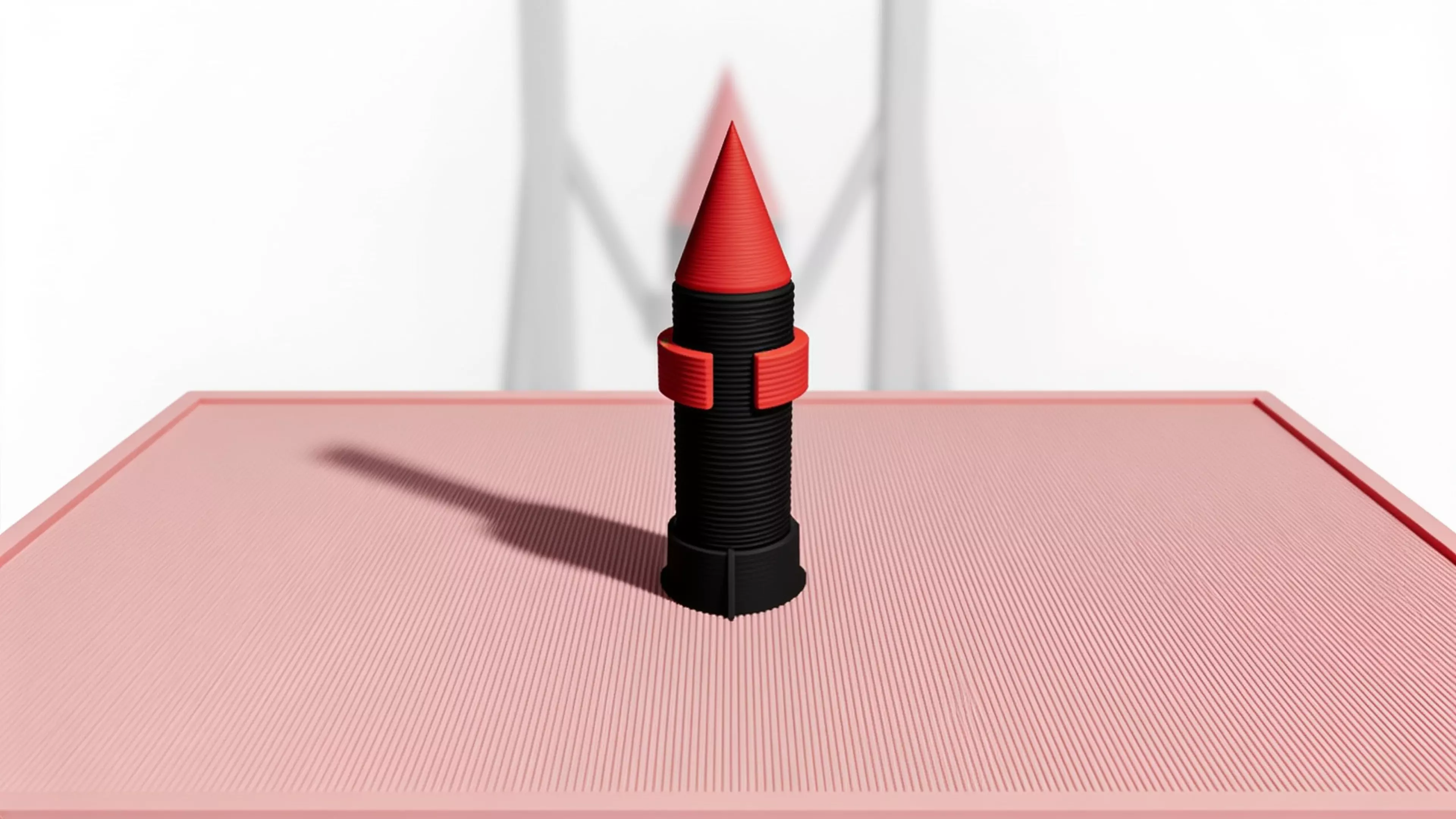 A 180 mm desktop model-rocket-on-launch-tower display: a natural-wood-tone launch tower cradling a removable tan/gray toy rocket, matching the reference photo's craft-model look.