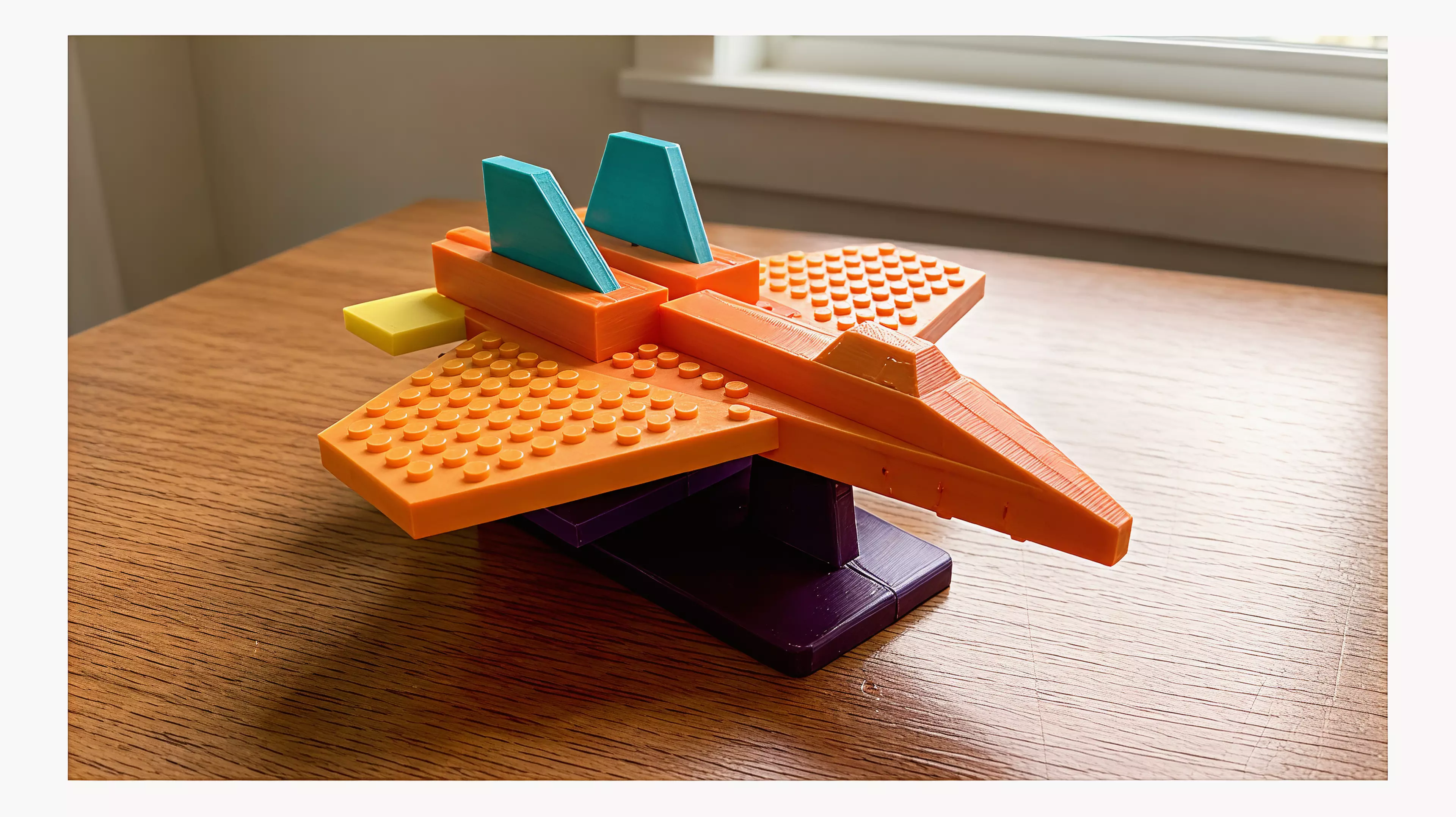 A single-piece, stylized F-14 Tomcat brick-jet (set-c aggressive wedges) with a LEGO-standard stud grid on its upper surfaces so real System bricks/plates clutch on; flat belly for desk display. Printed belly-down, PLA, supports on.