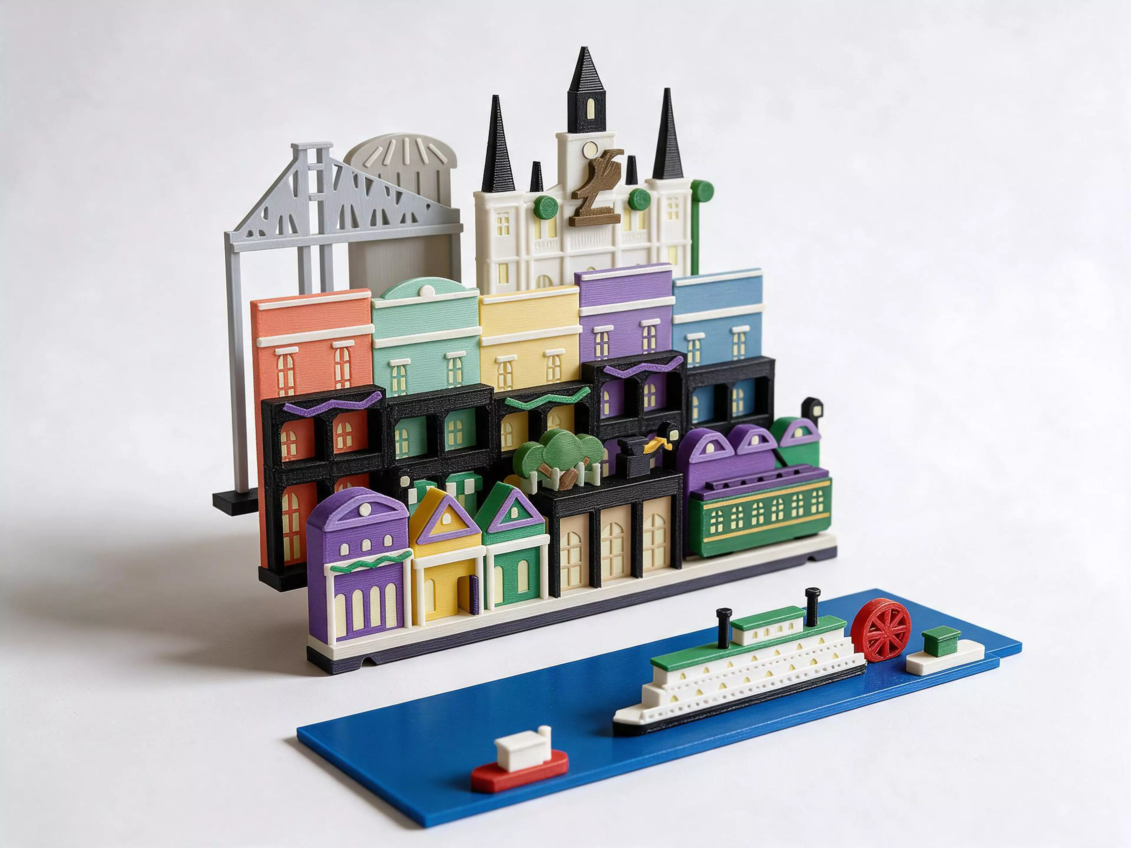 A New Orleans set for the Moonlit Atlas pop-up book: three rows of miniature buildings and a harbour plate that click onto the book's row frames with magnets. In this set: St. Louis Cathedral and Jackson Square, the Superdome, French Quarter townhouses with iron balconies and Mardi Gras beads, shotgun houses, a jazz trumpeter under a live oak, a St. Charles streetcar, and the Natchez paddlewheeler on the Mississippi. Windows and stars glow in the dark, with no batteries. It needs the Moonlit Atlas book, which is sold separately and comes with New York, and it swaps with any other city set in seconds.