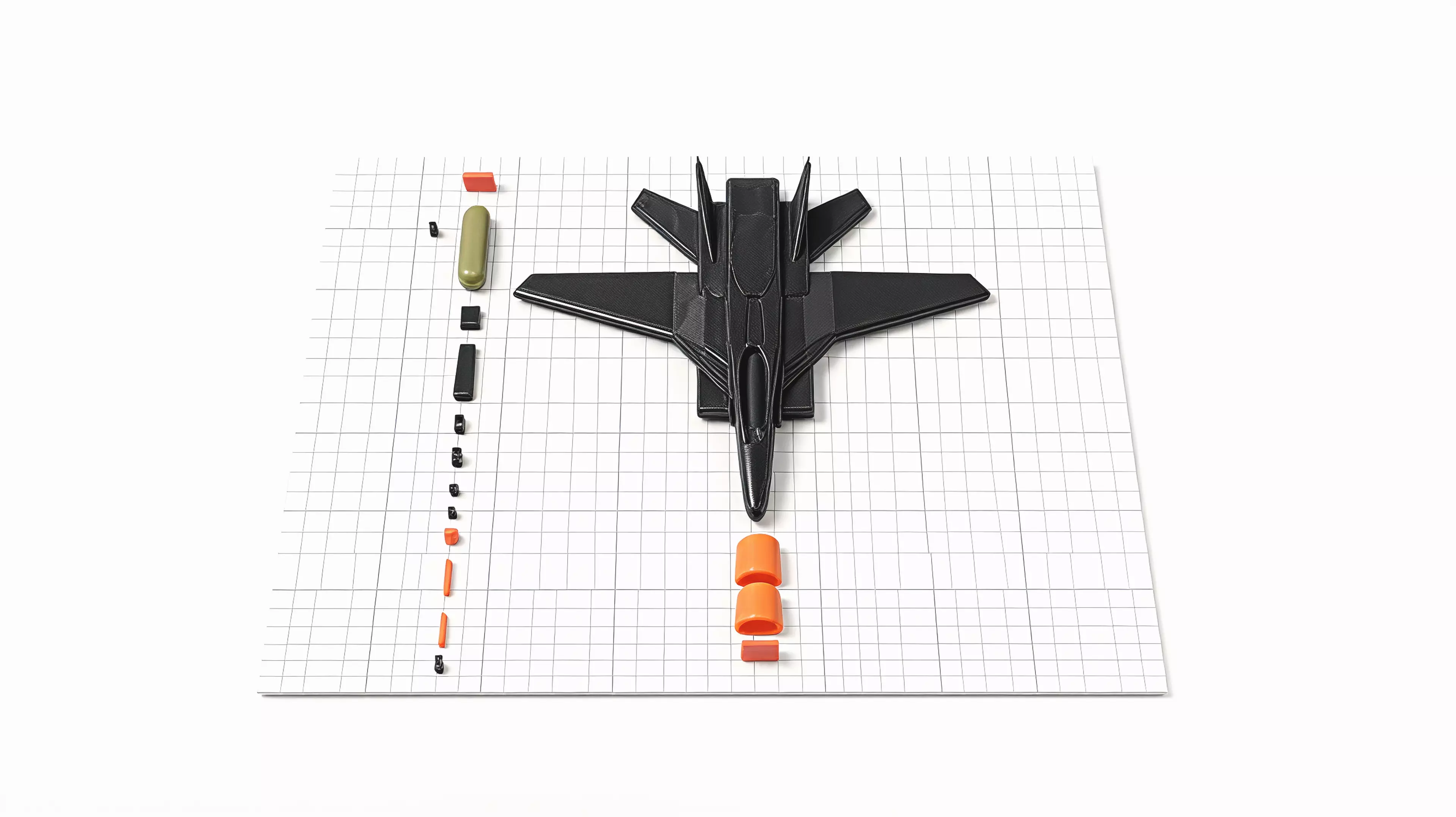 A 390 mm-wingspan F-14D Tomcat that sits on its own landing gear like a ramp-parked jet. Sixteen colour-separated printed parts - gloss-black airframe and spine deck, pale-khaki tandem canopy, red-tipped twin tails, red intake frames and nose strut, orange afterburner nozzles and a full tricycle gear - assemble into a spread-wing display pose. 390 x 388 x 117 mm (about 15.4 x 15.3 x 4.6 in).